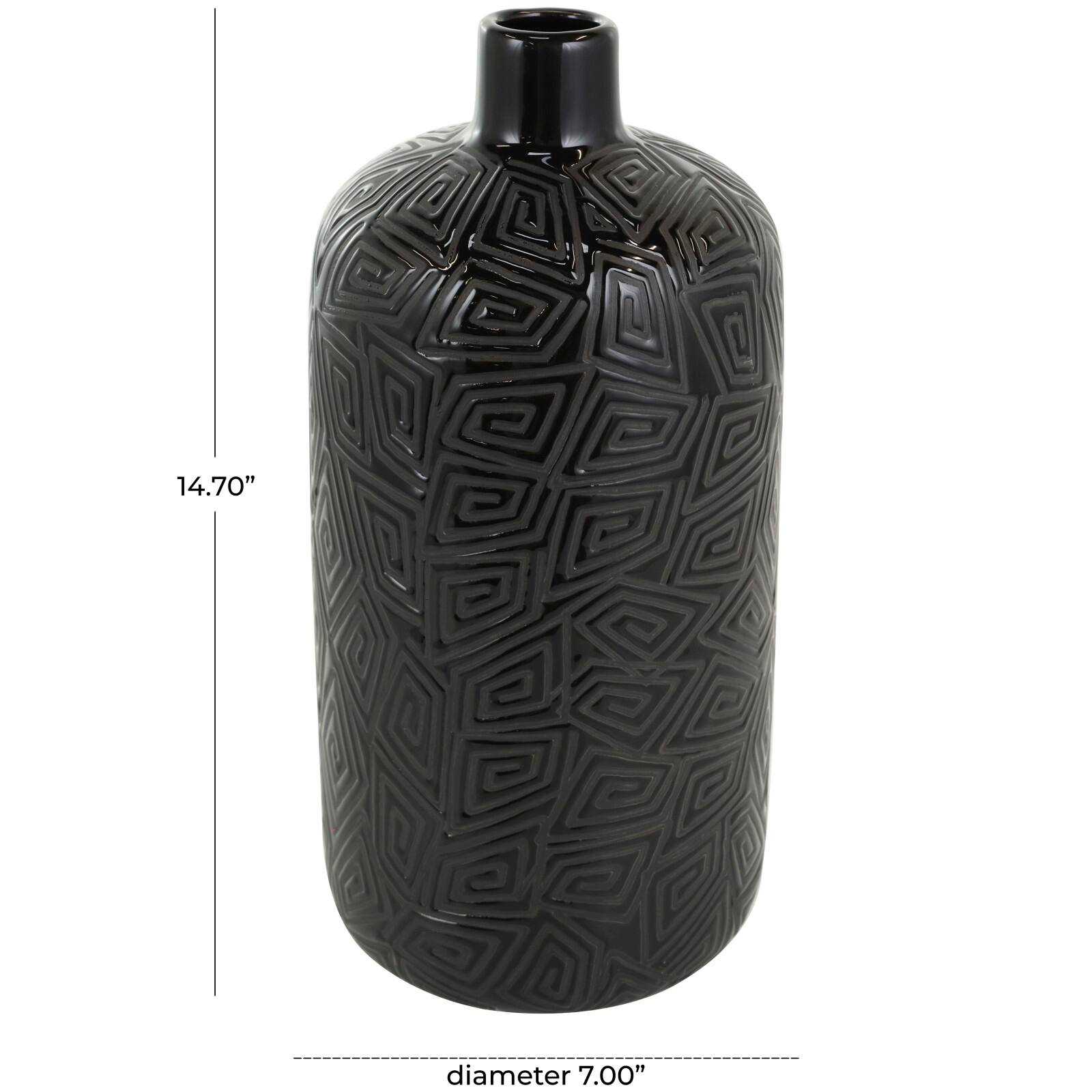 15" Black Geometric Etched Ceramic Vase