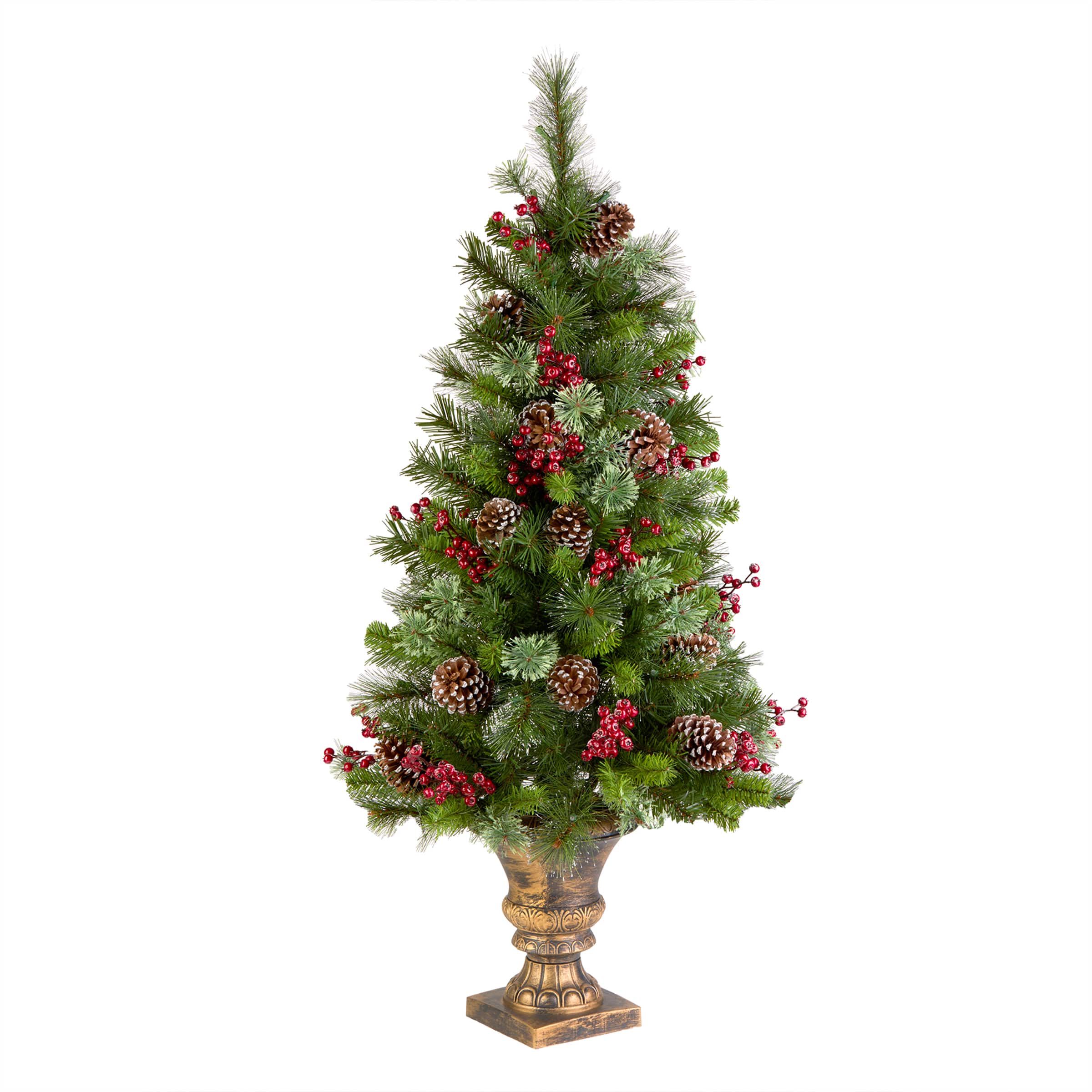 4ft. Pre-Lit Pine Iced Berry Pine Entrance Tree in Gold Urn, Clear Lights