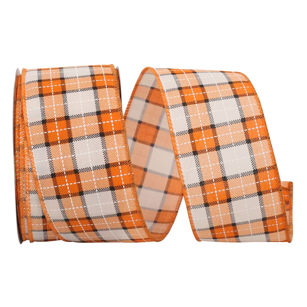 Reliant 2.5" x 20yd. Orange & White Plaid Stitch Wired Ribbon