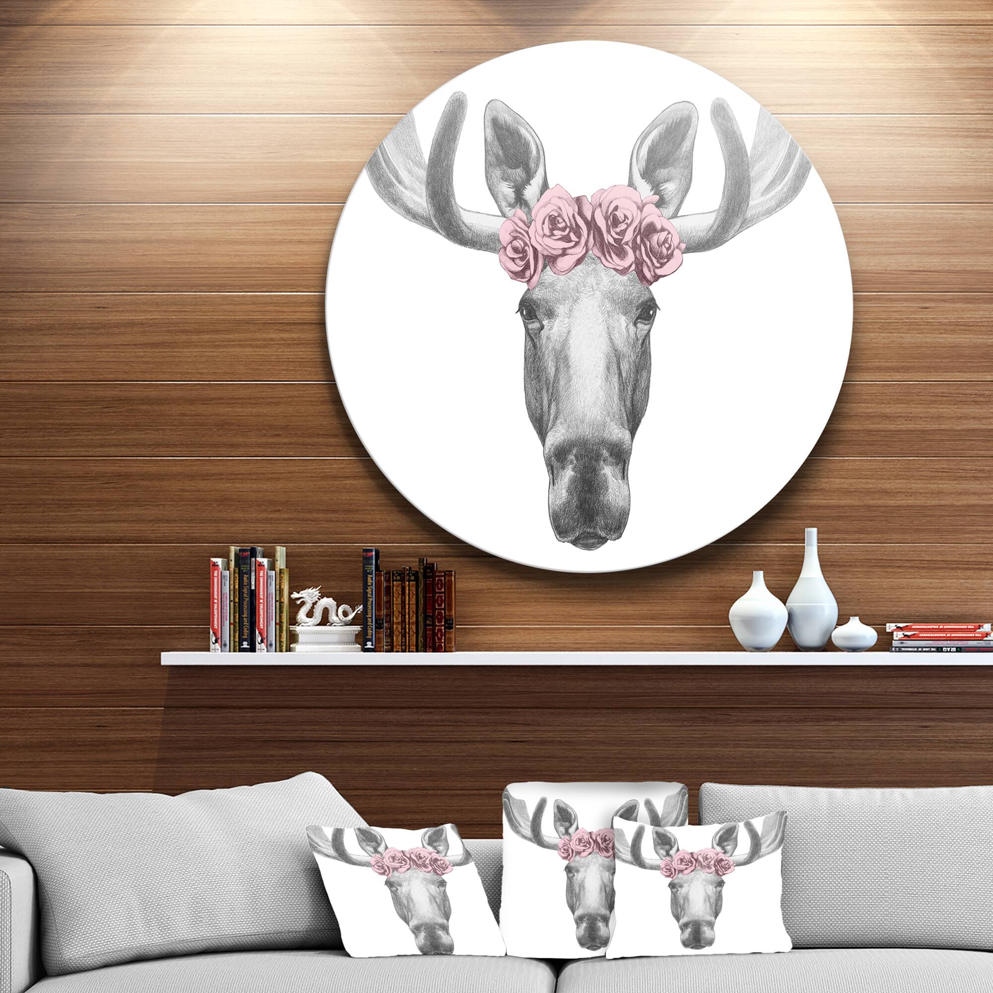 Designart - Moose with Floral Head Wreath&#x27; Ultra Glossy Moose Metal Circle Wall Art