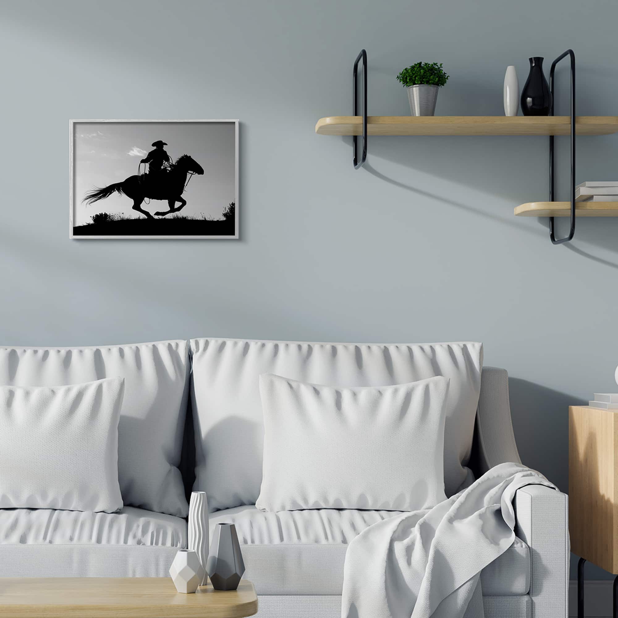 Stupell Industries Southwestern Cowboy Silhouette Black White Horse in Gray Frame Wall Art