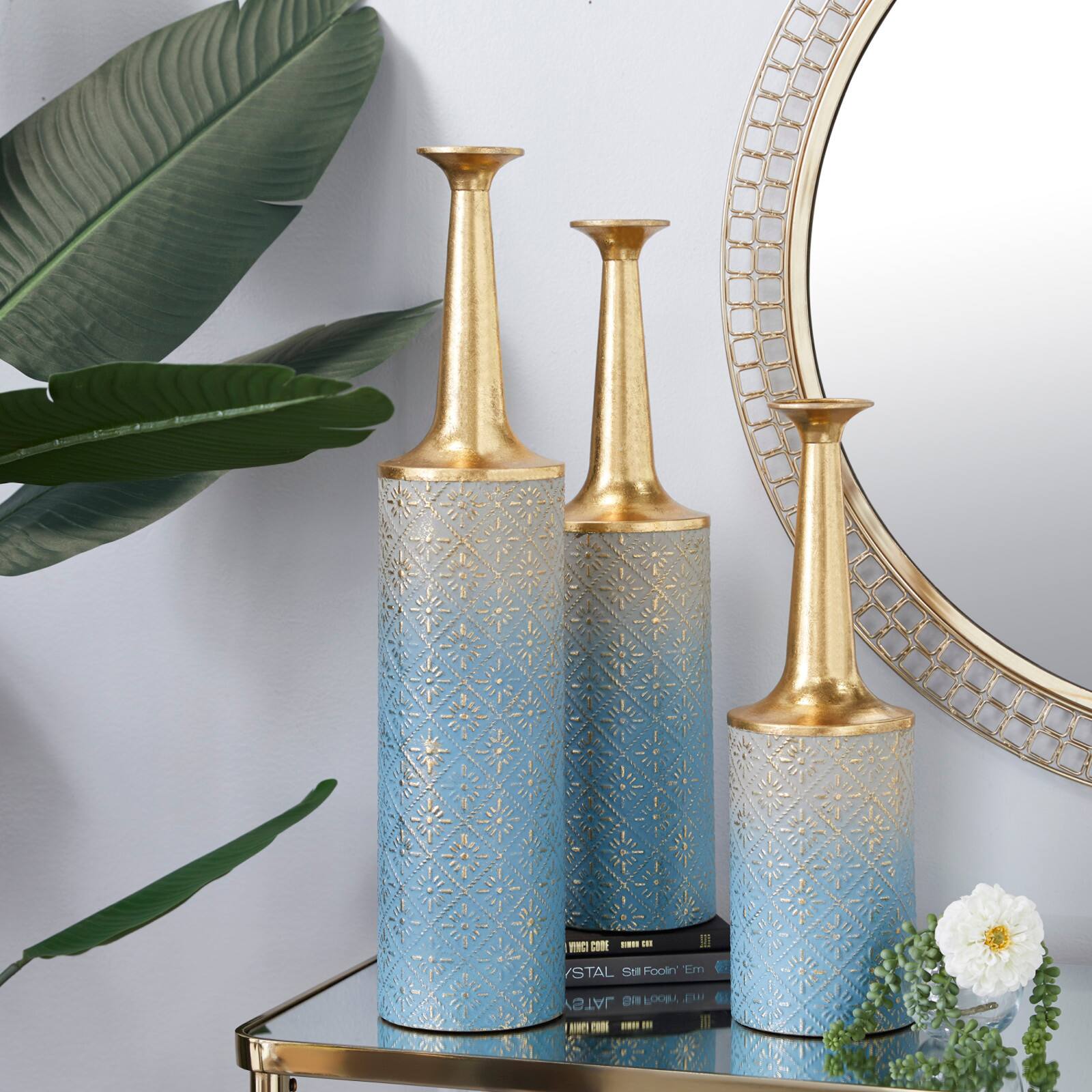 Set of 3 Blue Metal Coastal Style Vase, 27&#x22;, 24&#x22;, 20&#x22;