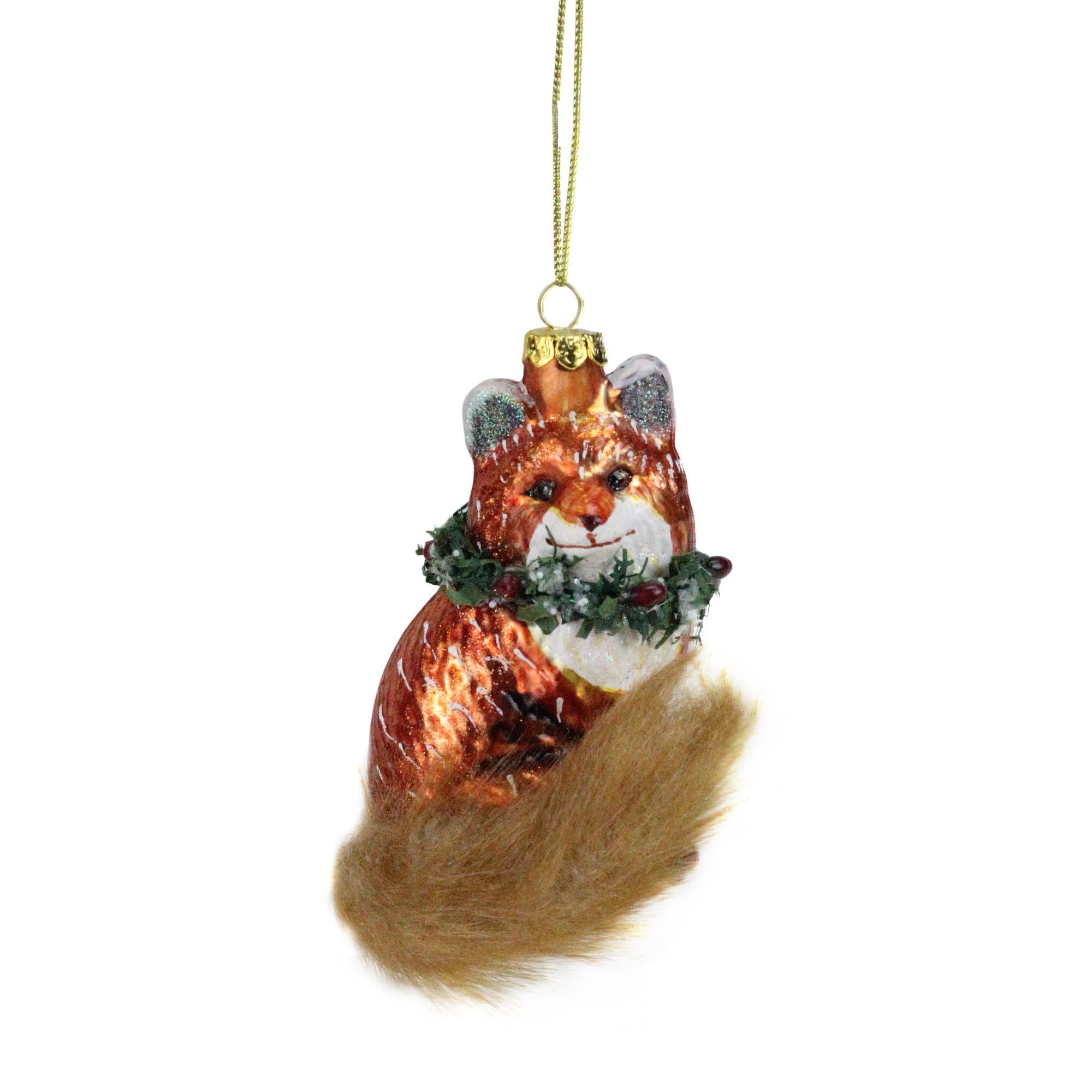 Brown &#x26; Green Fox with Faux Fur Tail &#x26; Wreath Ornament