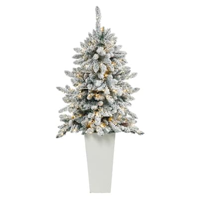 4.5ft. Flocked Livingston Fir Artificial Christmas Tree in Tall Planter ...