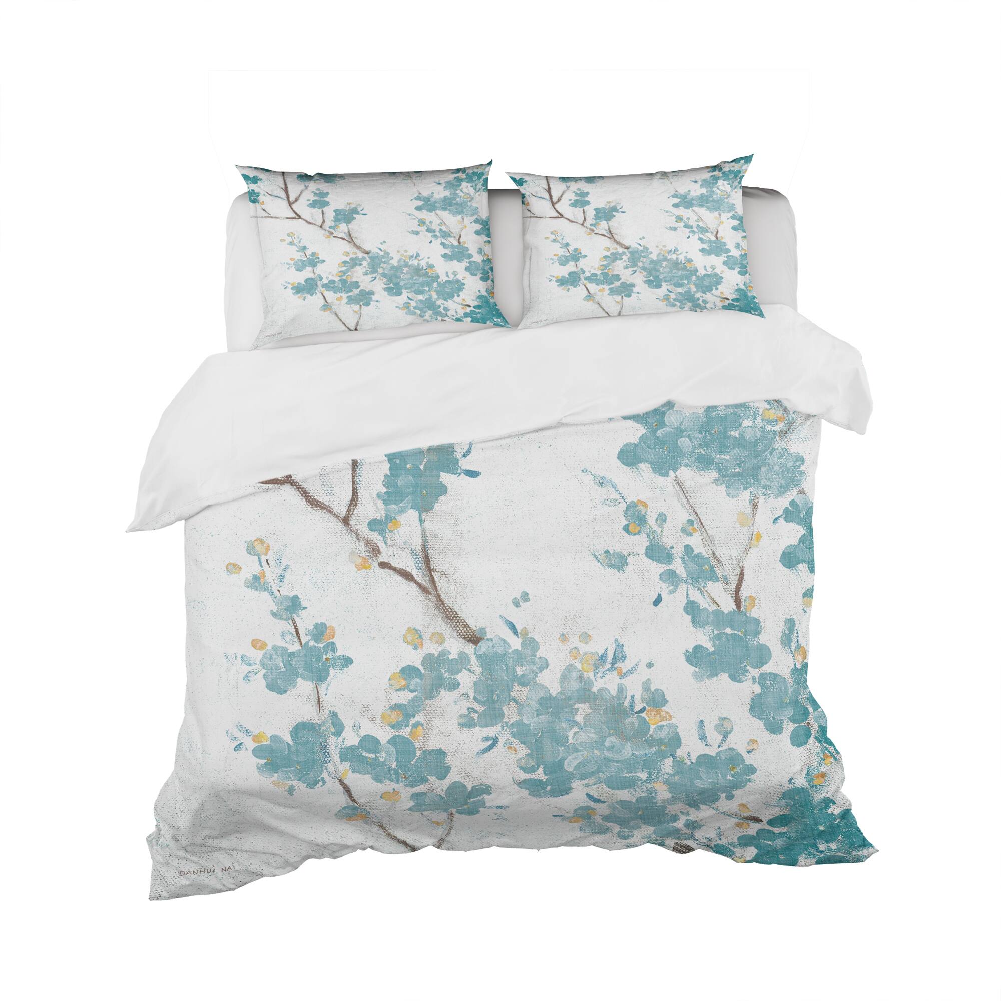 Designart &#x27;Teal Cherry Blossoms II&#x27; Farmhouse Bedding Set - Duvet Cover &#x26; Shams