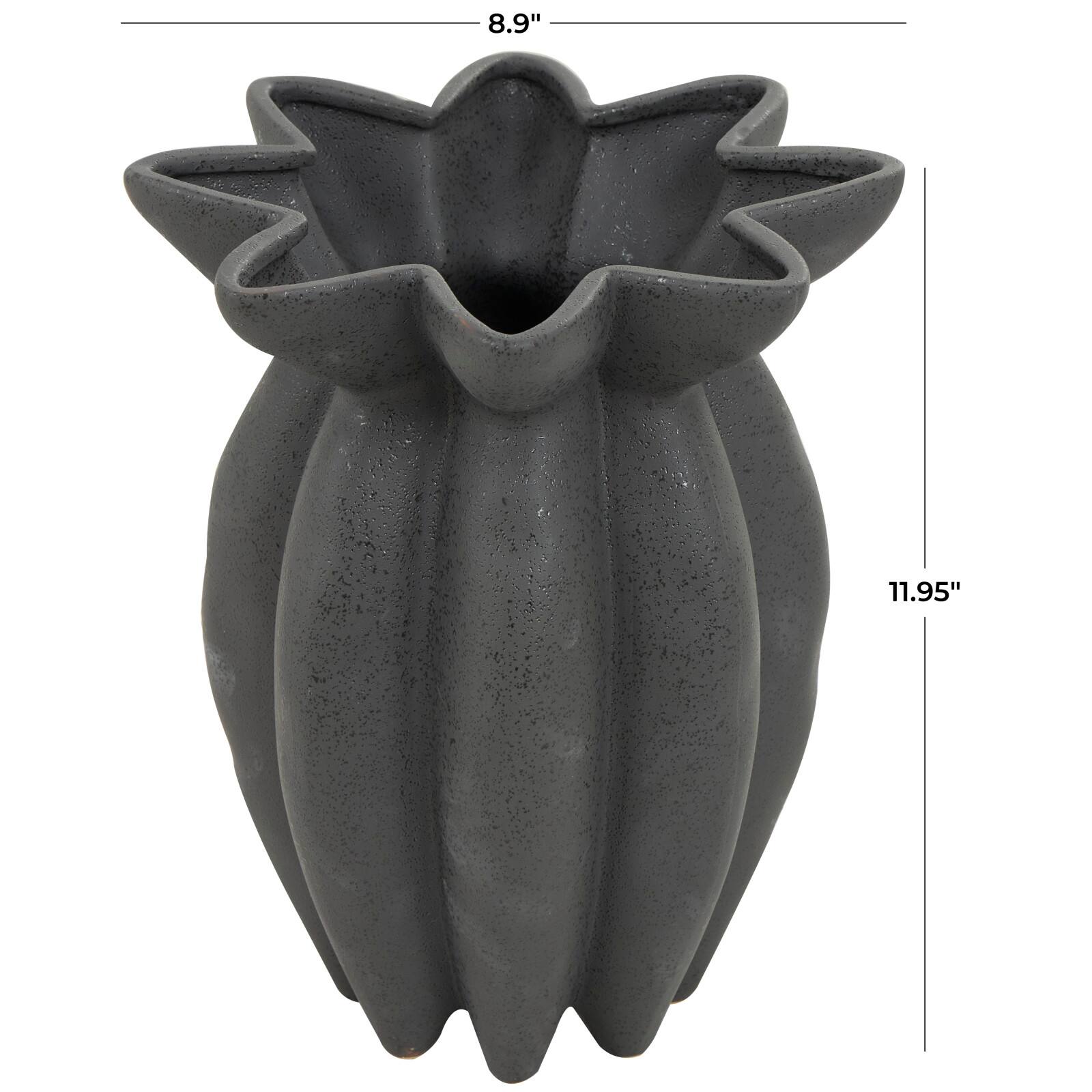 12&#x22; Black Ceramic Speckle Textured Vase with Tulip Style Opening