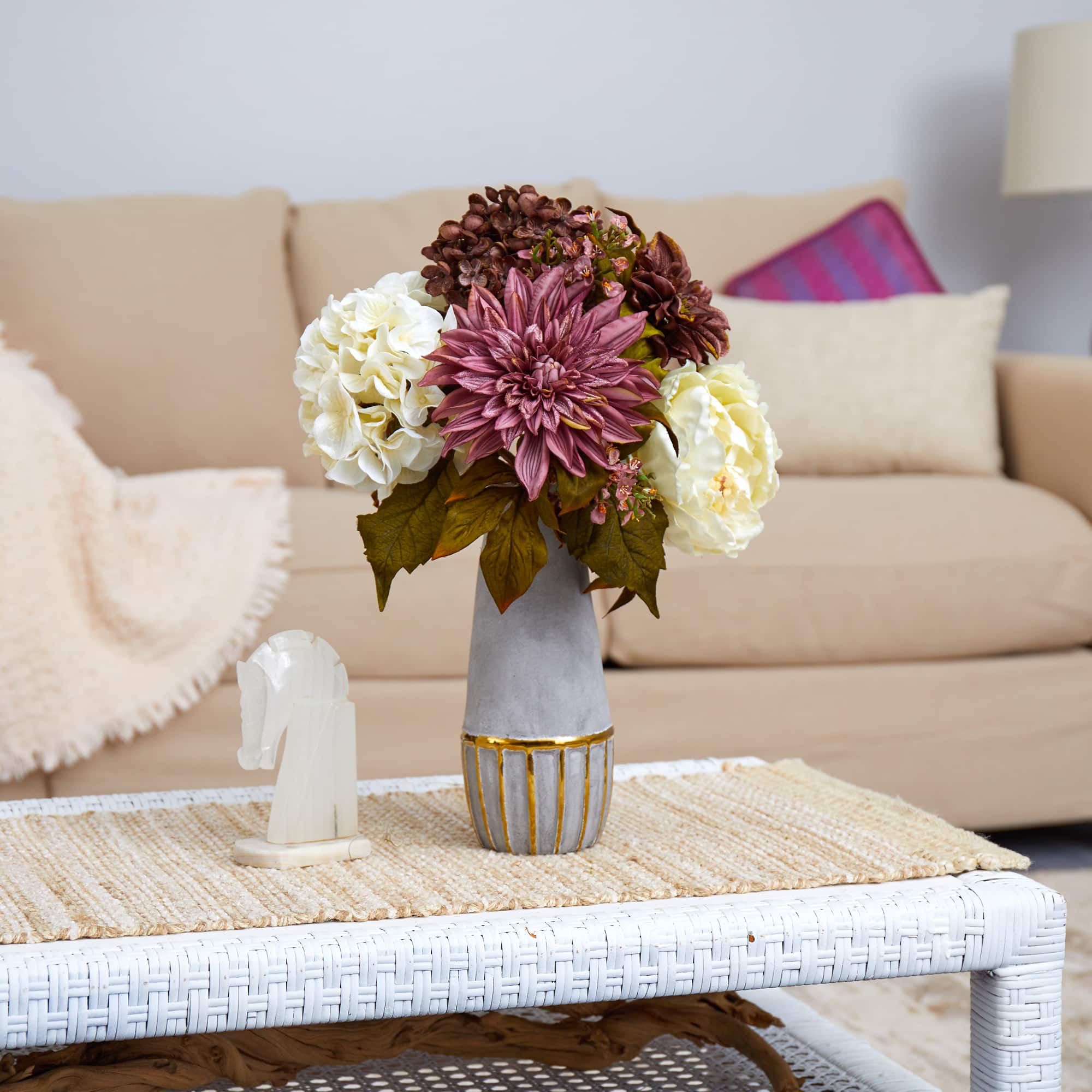 17" Peony, Hydrangea & Dahlia Arrangement in Gold Trimmed Stoneware Vase