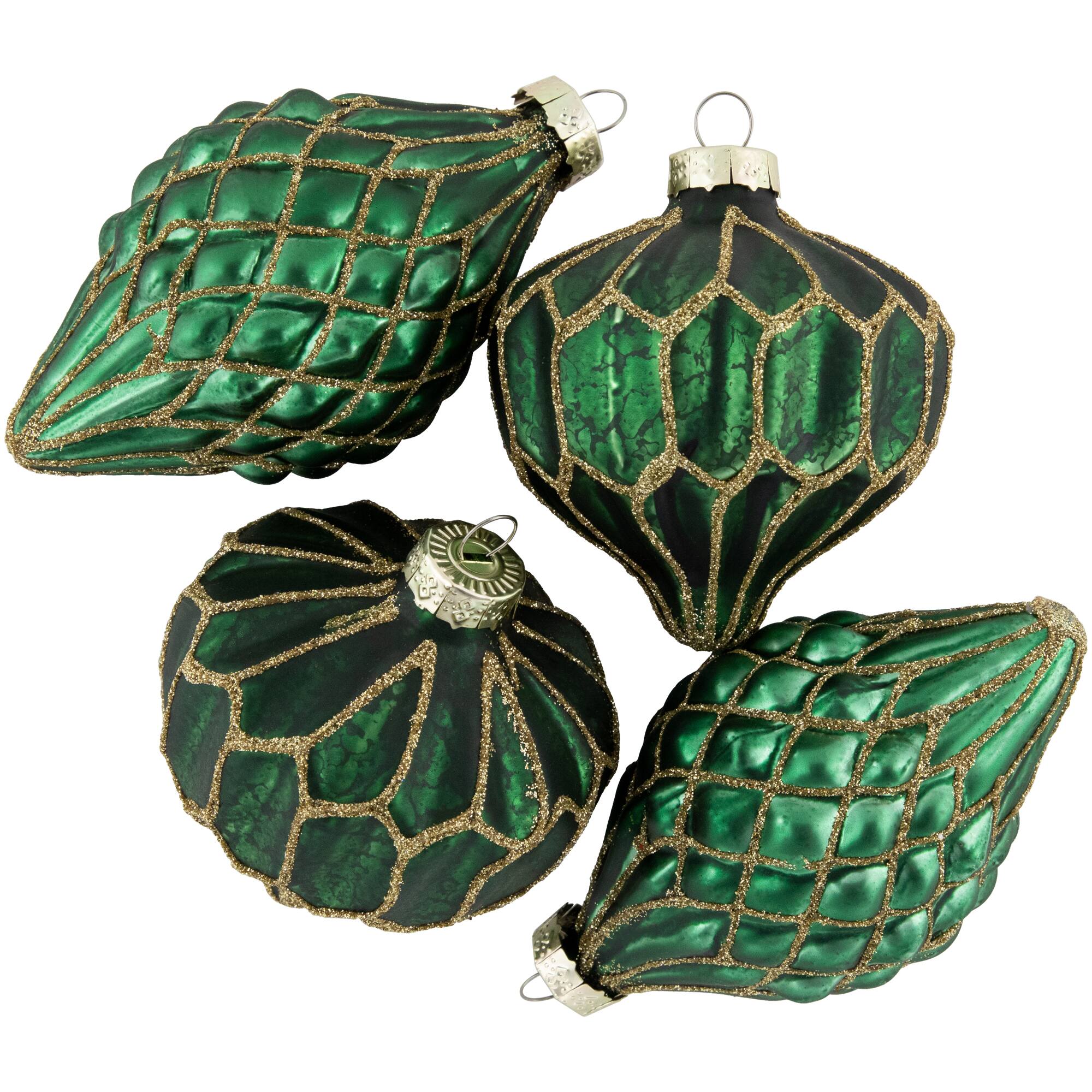 4ct. Green with Gold Glitter Onion & Finial Glass Christmas Ornaments