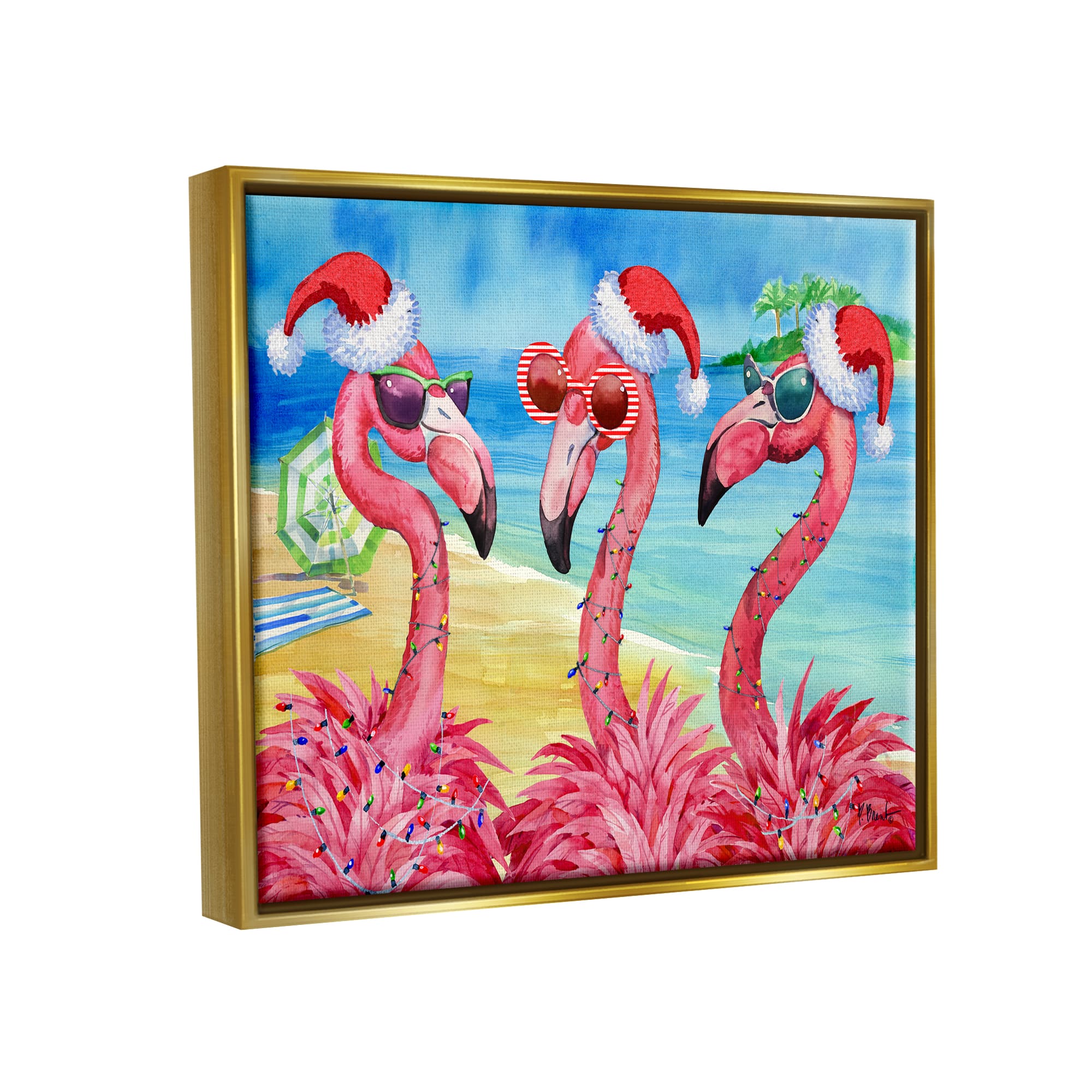 Stupell Industries Holiday Lights Flamingos Beach Gold Framed Floater Canvas Wall Art