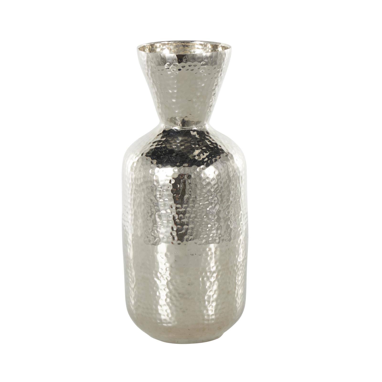 14" Silver Hammered Aluminum Vase with Cone Shaped Opening