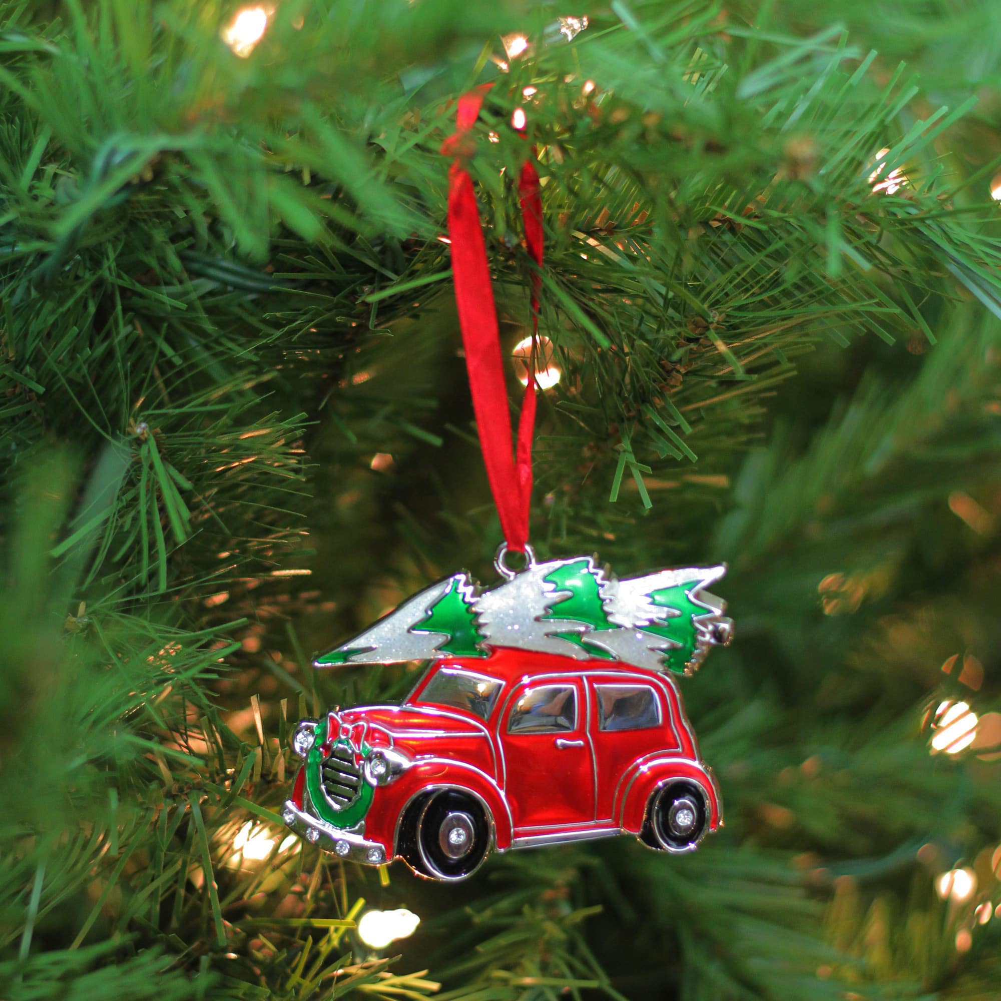 3&#x22; Red &#x26; White Car with Tree Christmas Ornament