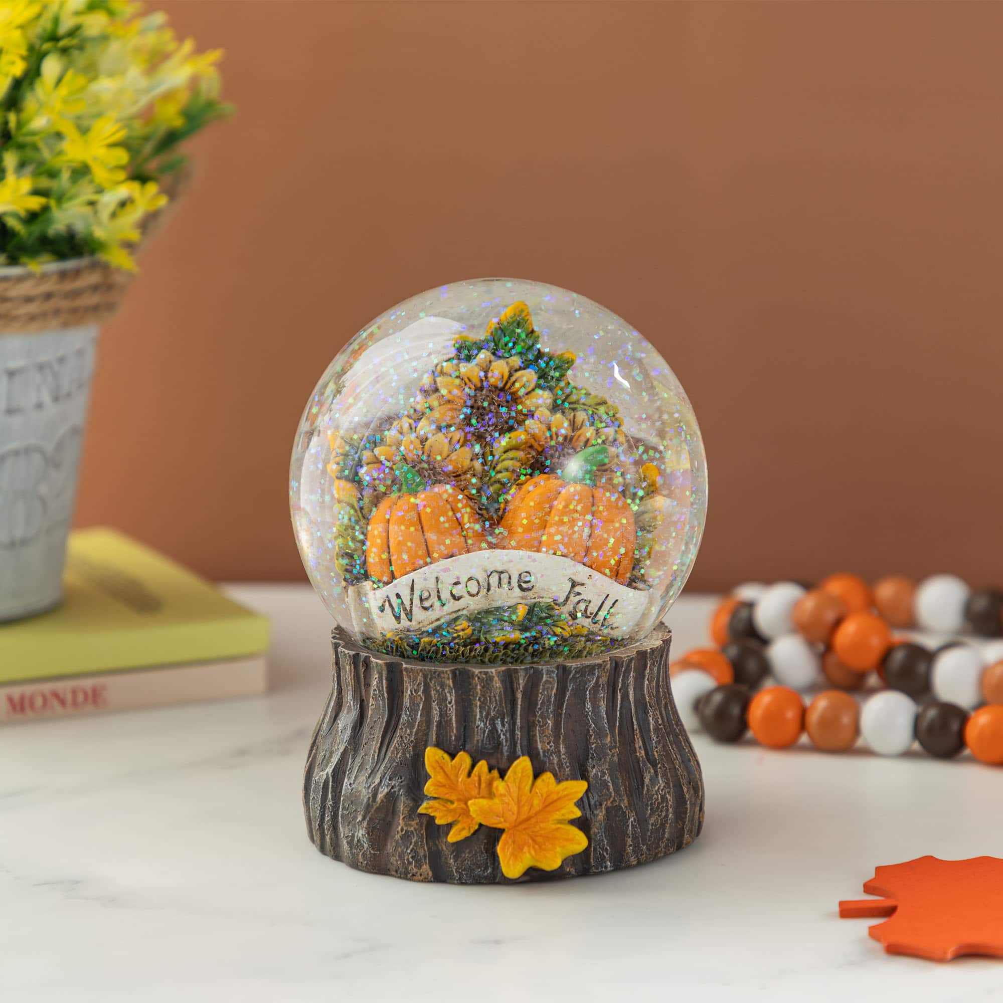 Glitzhome® 5.75"H Fall Sunflower and Pumpkin Resin Waterglobe