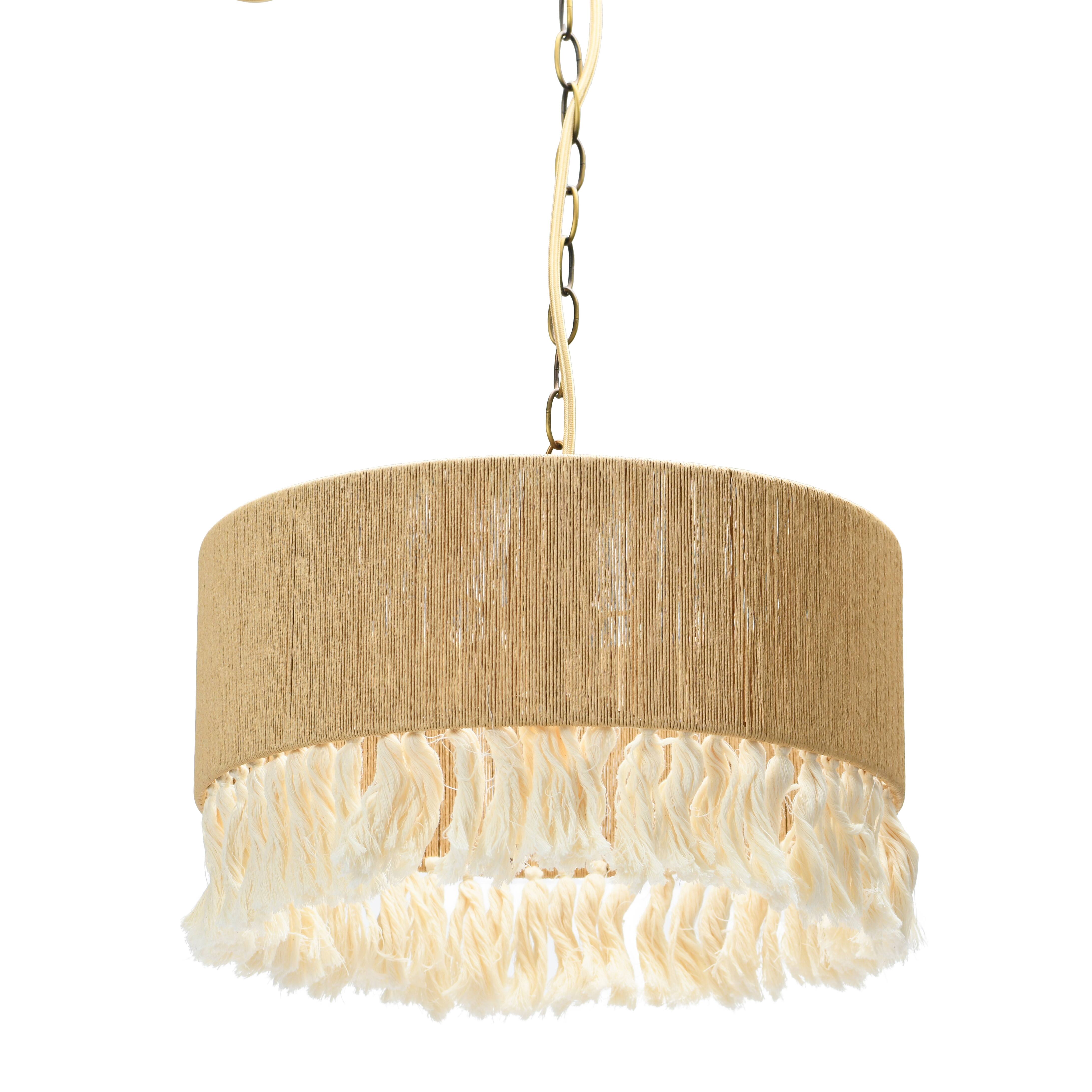 Hello Honey&#xAE; 16&#x22; Brown Coastal Pendant Lamp with Natural Paper Rope Shade, Fringe Detail and Iron Base