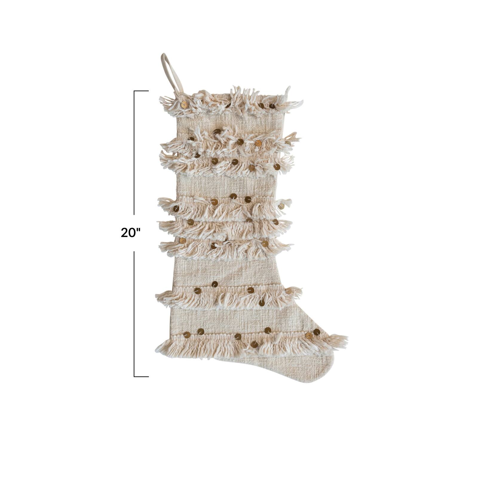 Hello Honey&#xAE; 20&#x22; Cream Woven Cotton Slub Stocking with Vintage Reproduction Moroccan Wedding Blanket Embellishments