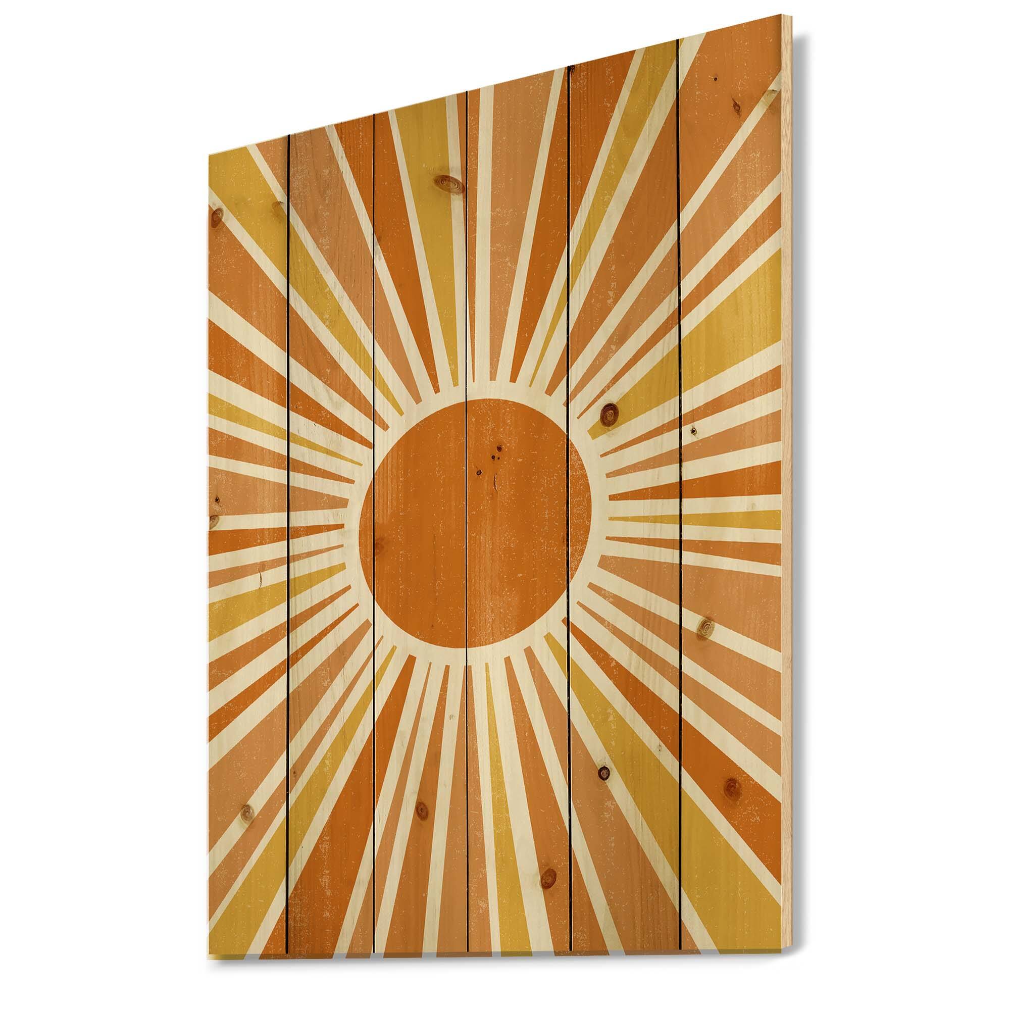 Designart - Minimalist Bright Shining Orange Sun Rays I - Modern Print on Natural Pine Wood