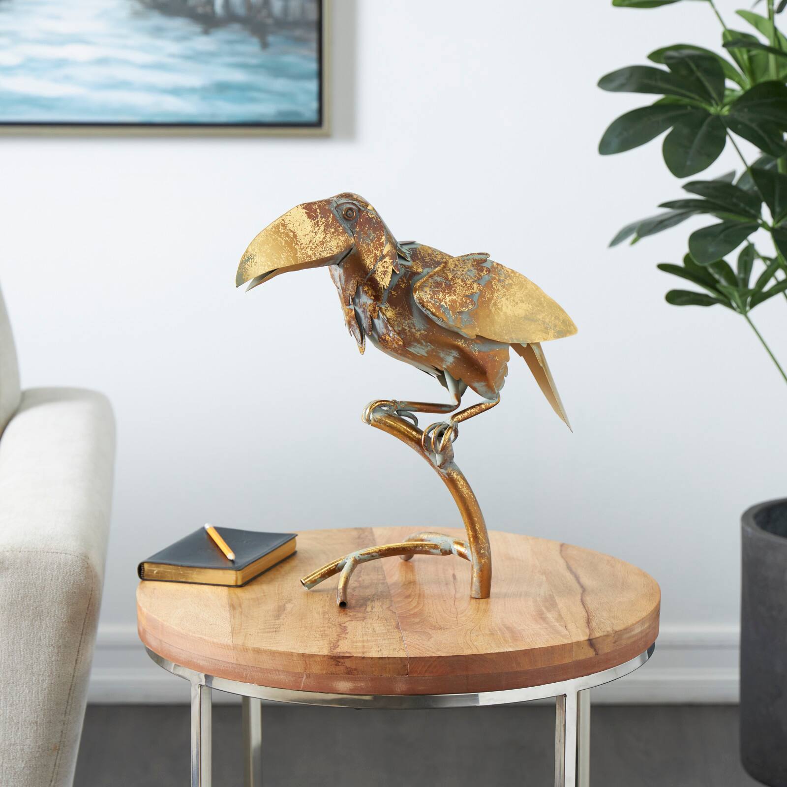 15.5" Bronze Patina Toucan on Branch Metal Garden Sculpture