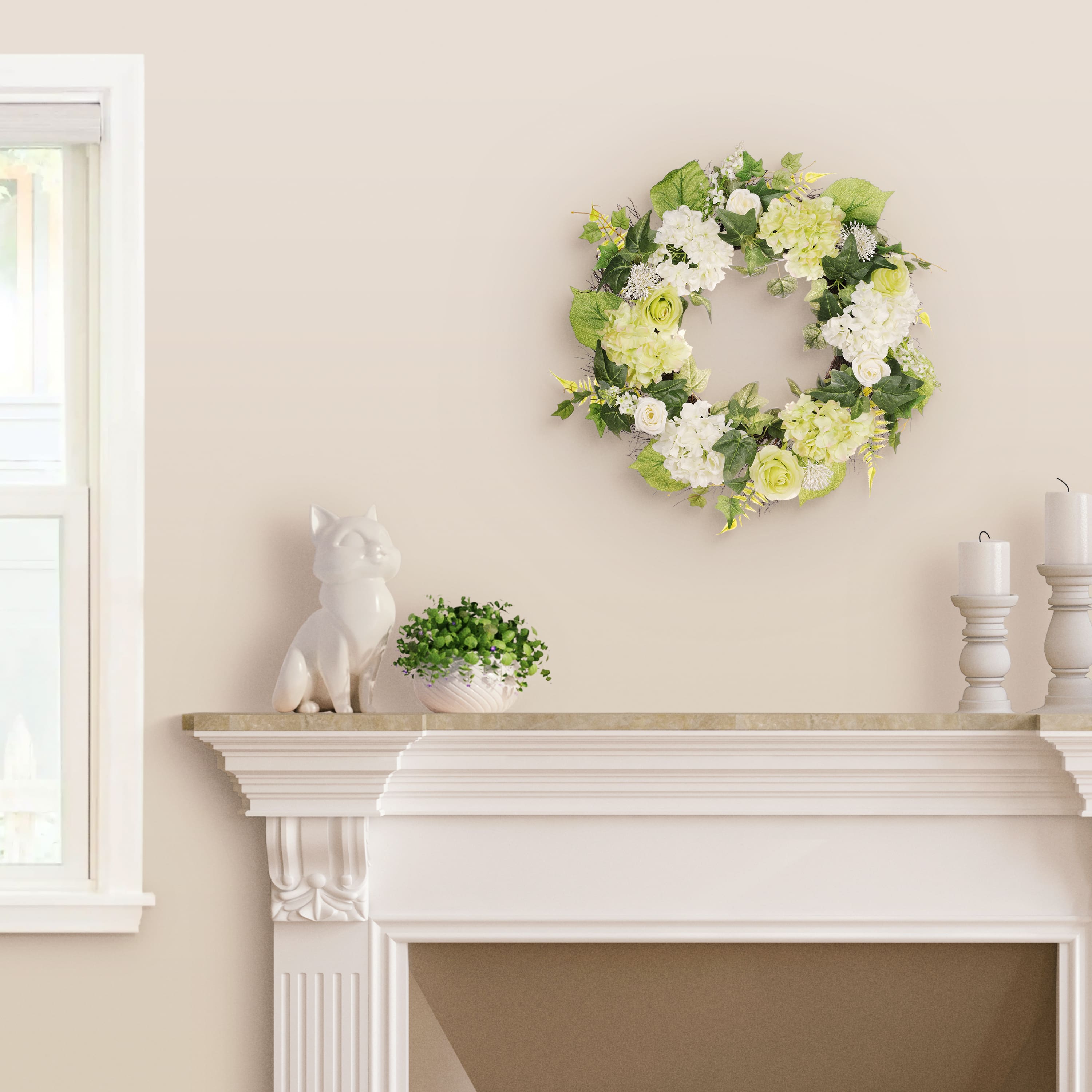 24&#x22; White Spring Hydrangea &#x26; Rose Wreath