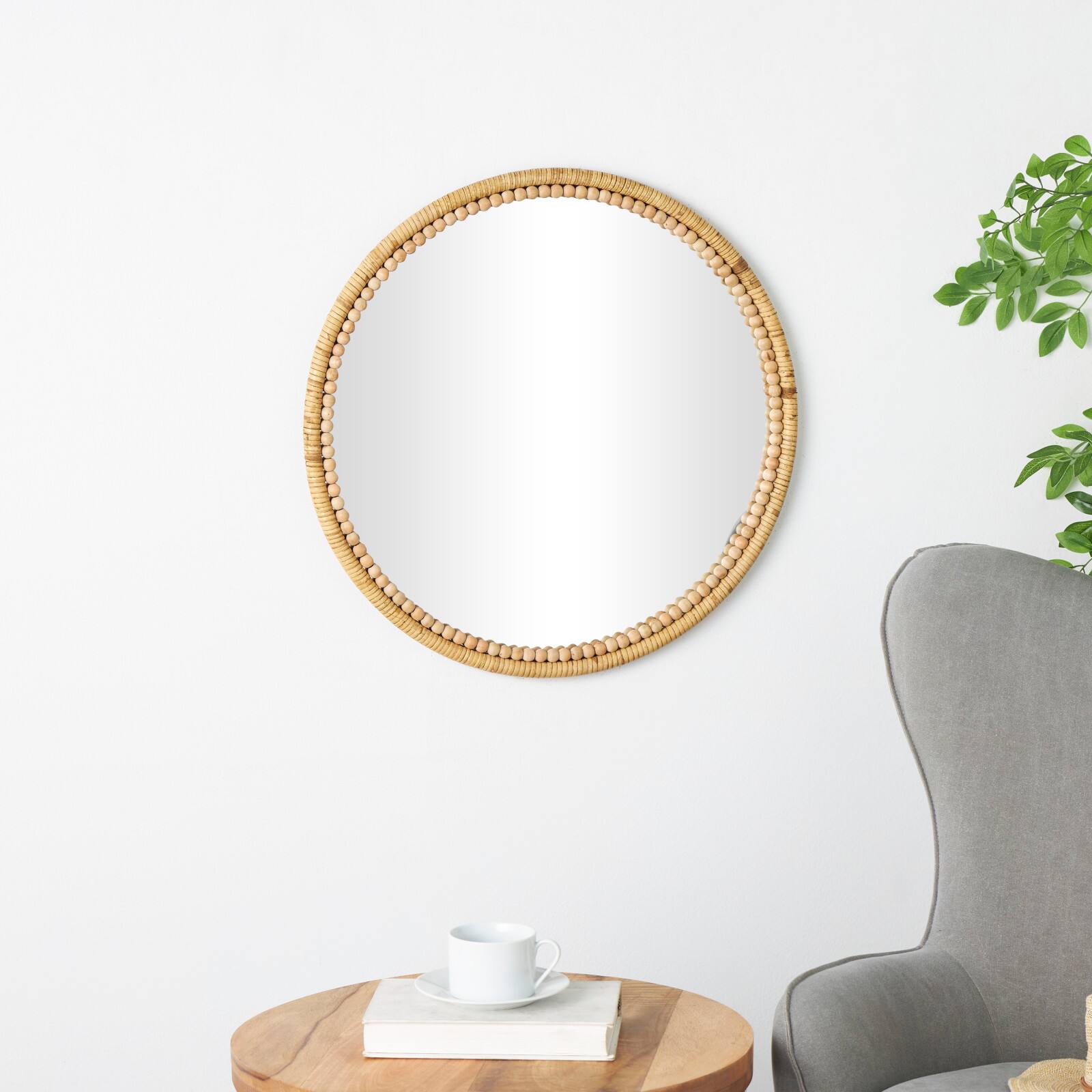 24" Brown Bamboo Wrapped Wall Mirror with Beaded Frame Décor