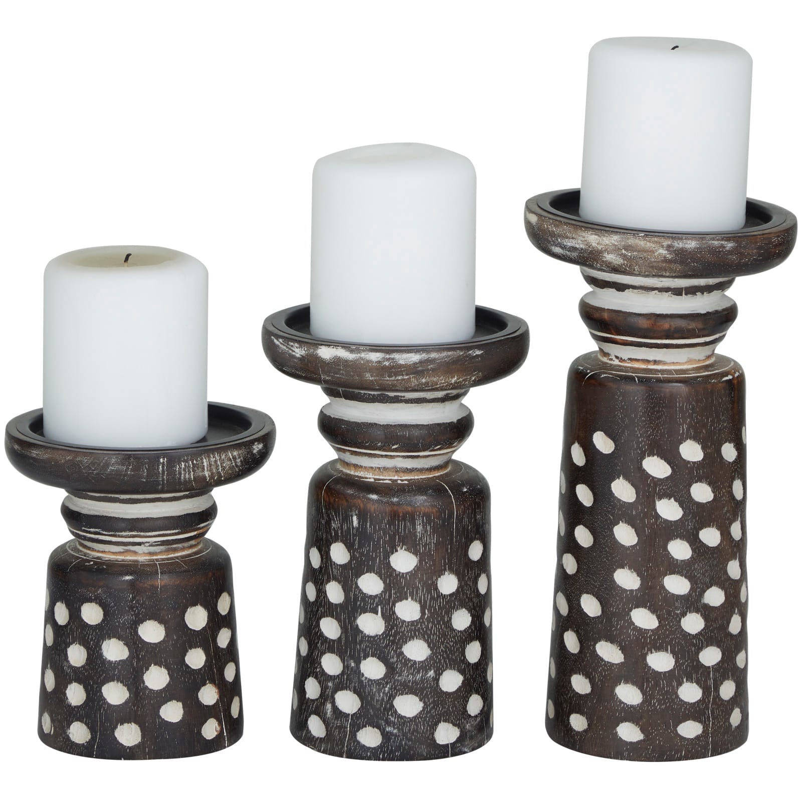 Dark Brown Mango Wood Round Carved Dotted Pillar Candle Holder Set