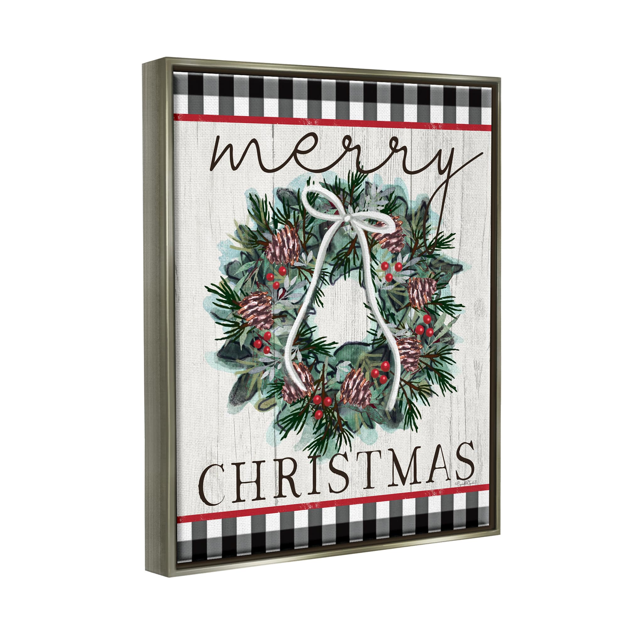 Stupell Industries Merry Christmas Tartan Wreath Framed Floater Canvas Wall Art