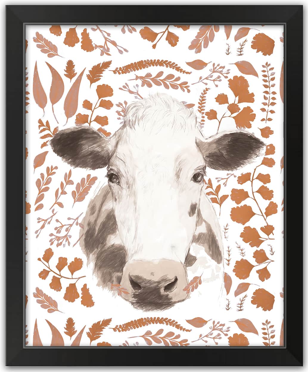 Fall Leaf Cow Black Framed Print Wall Art