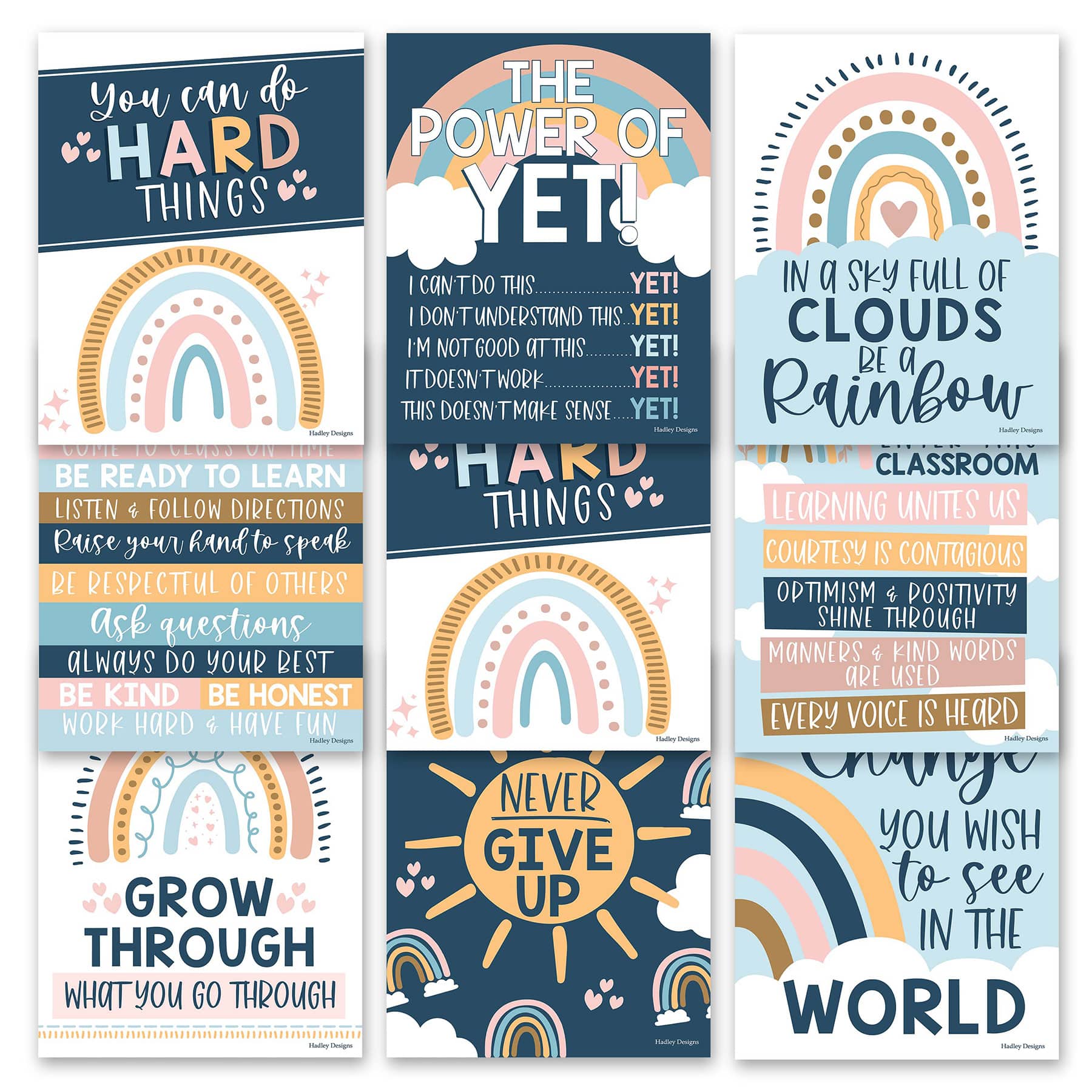 Hadley Designs 11" x 14" Boho Rainbow Growth Mindset Classroom Décor Posters Set