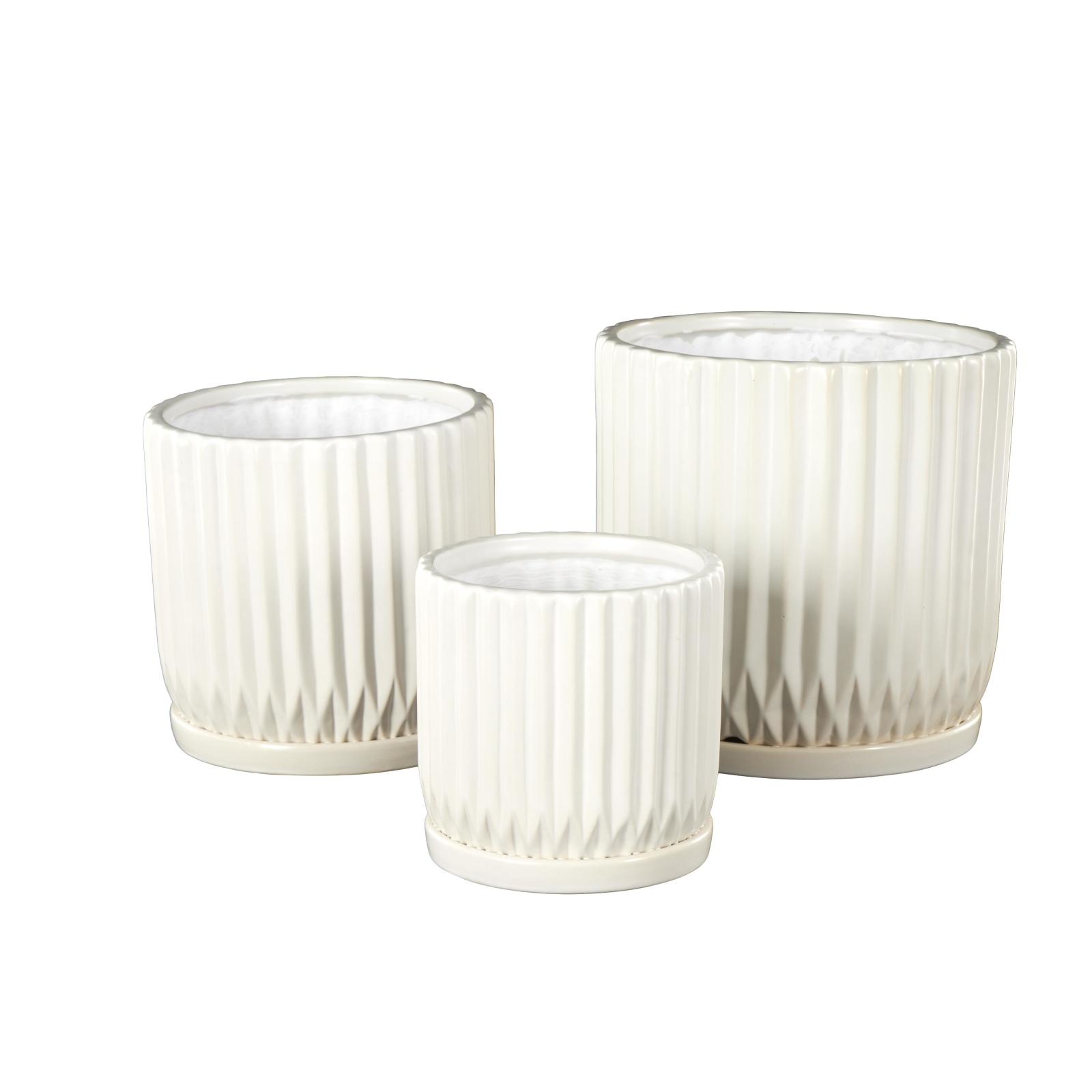 White Ribbed Textured Ceramic Planter Set