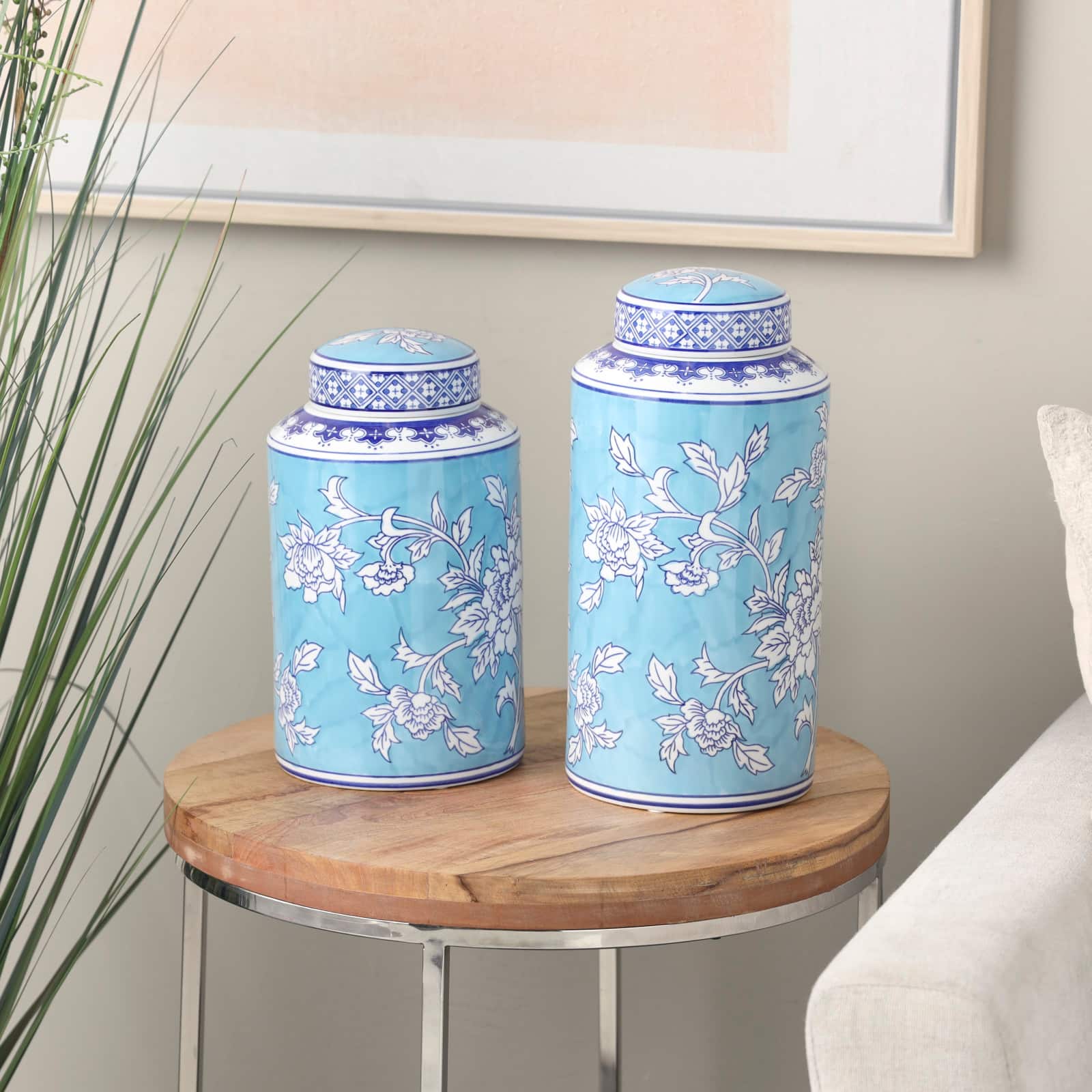 jars ceramic セット Blue Ceramic Decorative Jar Set with White Floral Patterns