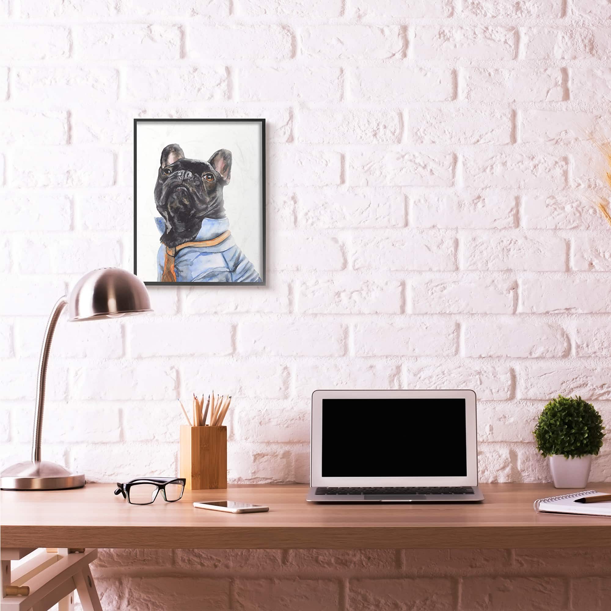 Stupell Industries French Bulldog Fashion Dog Pet Animal Watercolor Painting in Black Frame Wall Art
