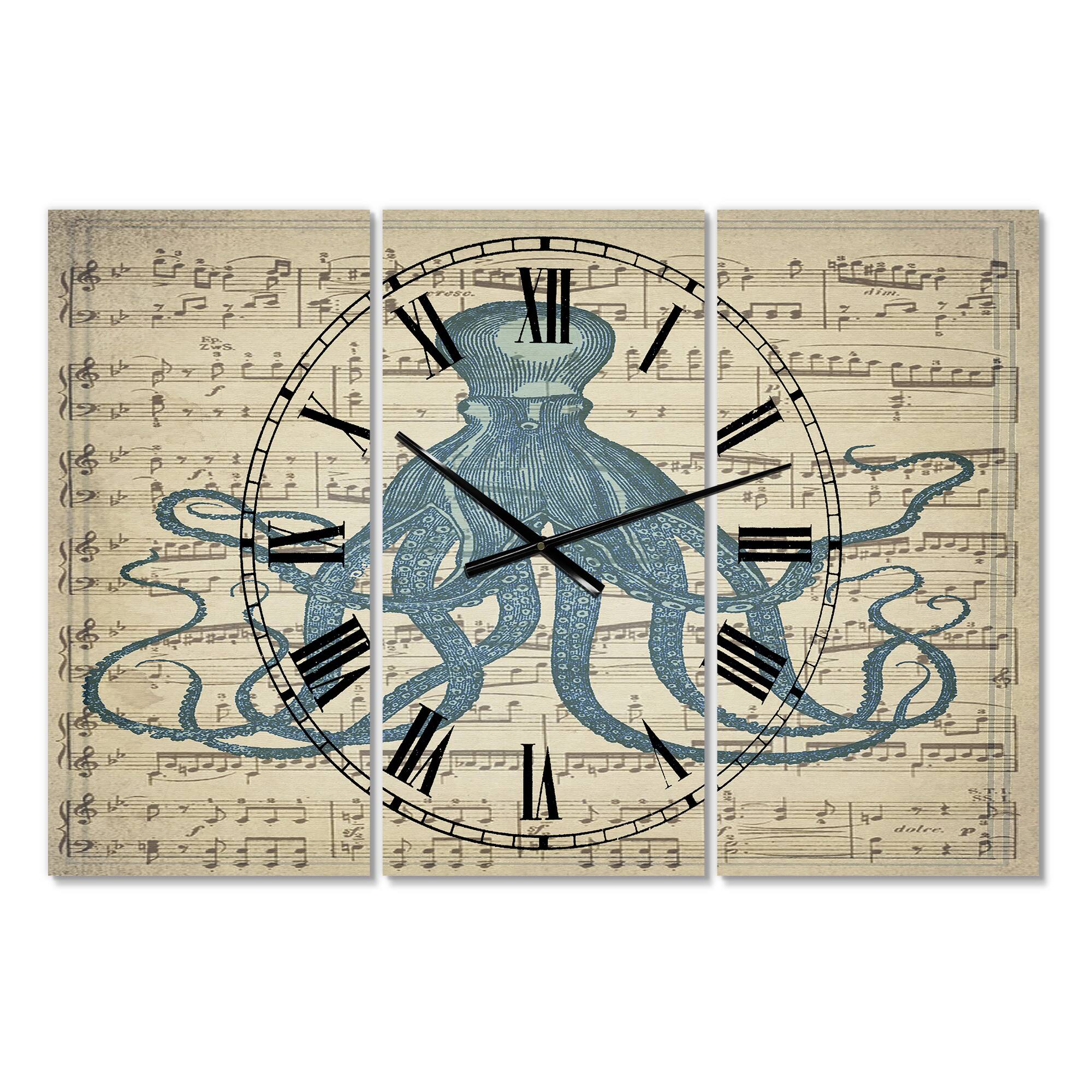 Designart 'Octopus Music Score Ii Large Nautical & Coastal Multipanel Wall Clock