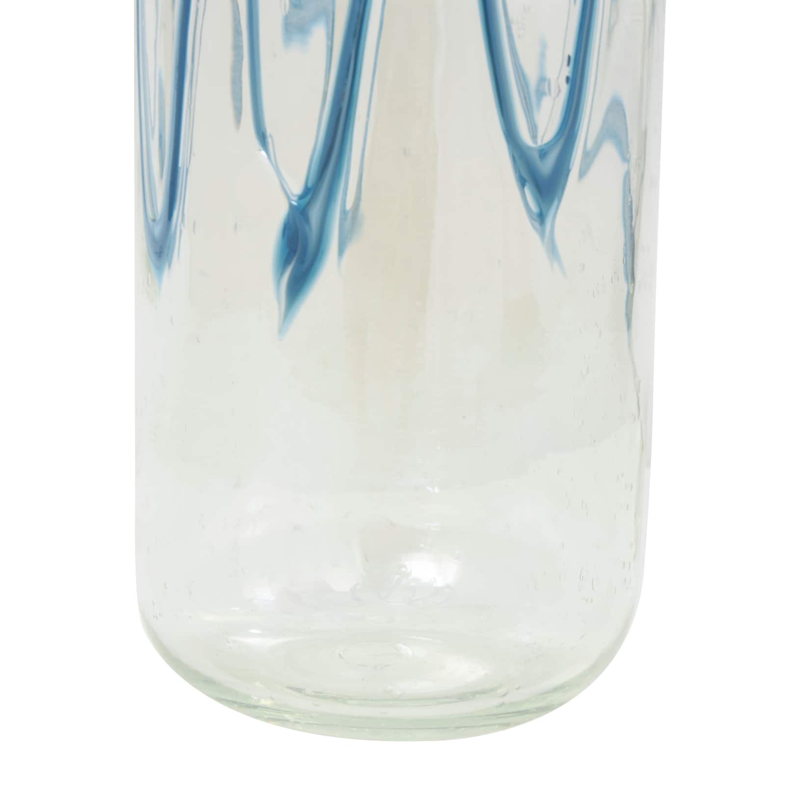 13" Cream with Wavy Blue Design Abstract Glass Vase