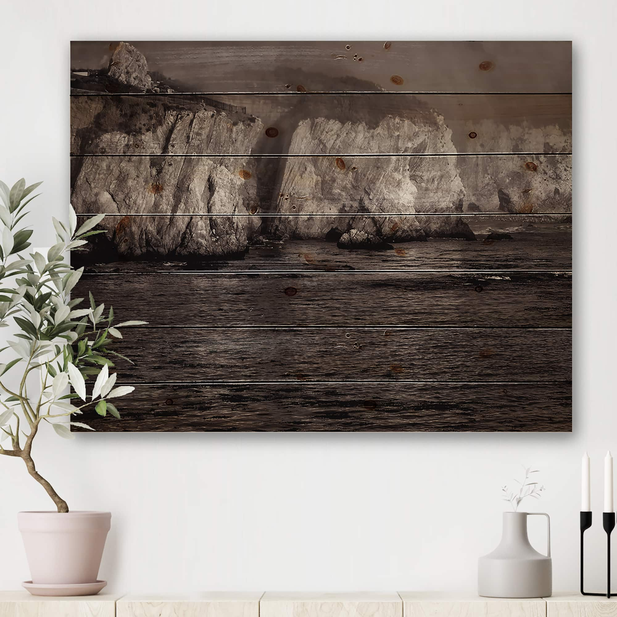 Designart - Gold Cliffs In The Fog - Modern Print on Natural Pine Wood