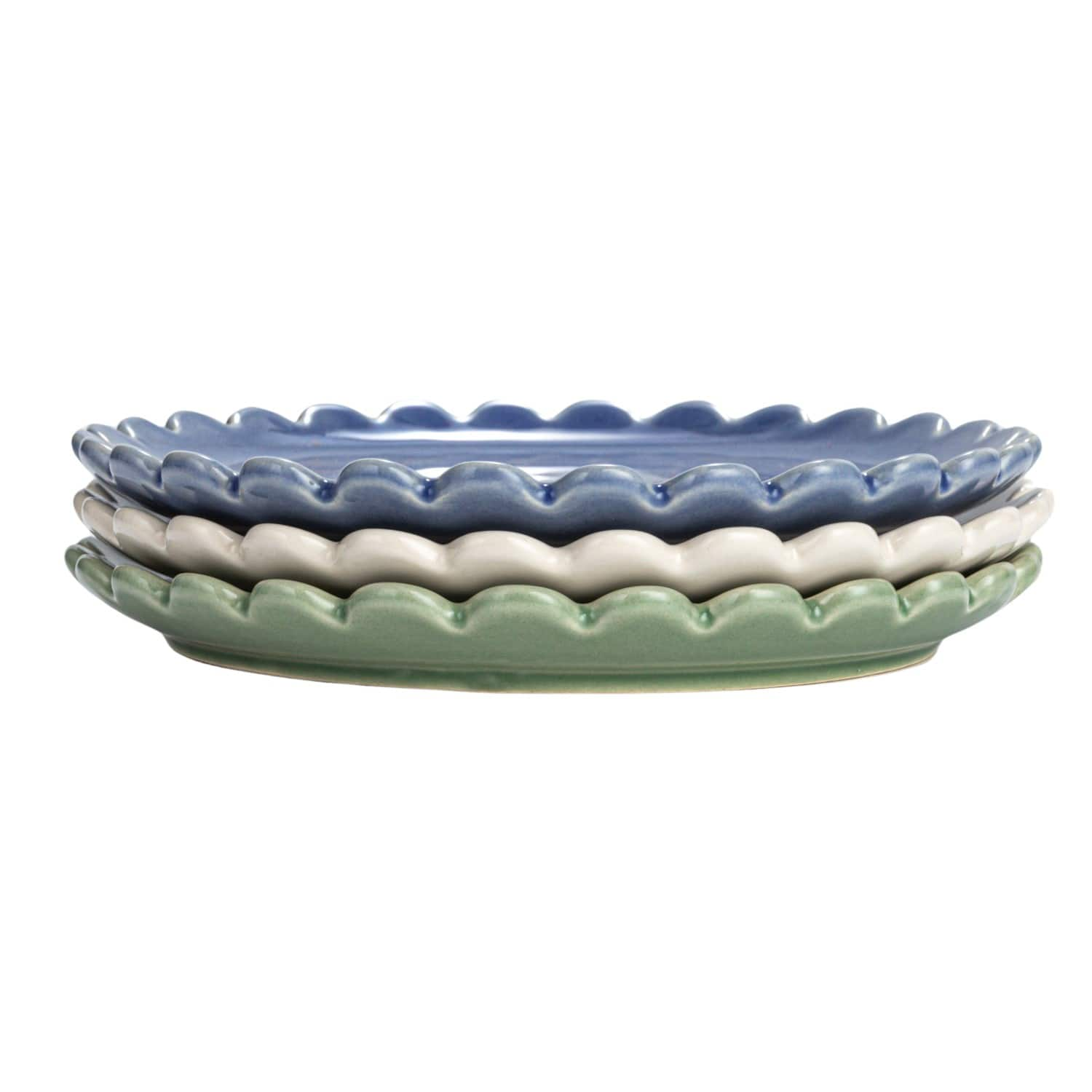 8&#x22; Blue, Green &#x26; Cream Round Stoneware Plate with Scalloped Edge Set