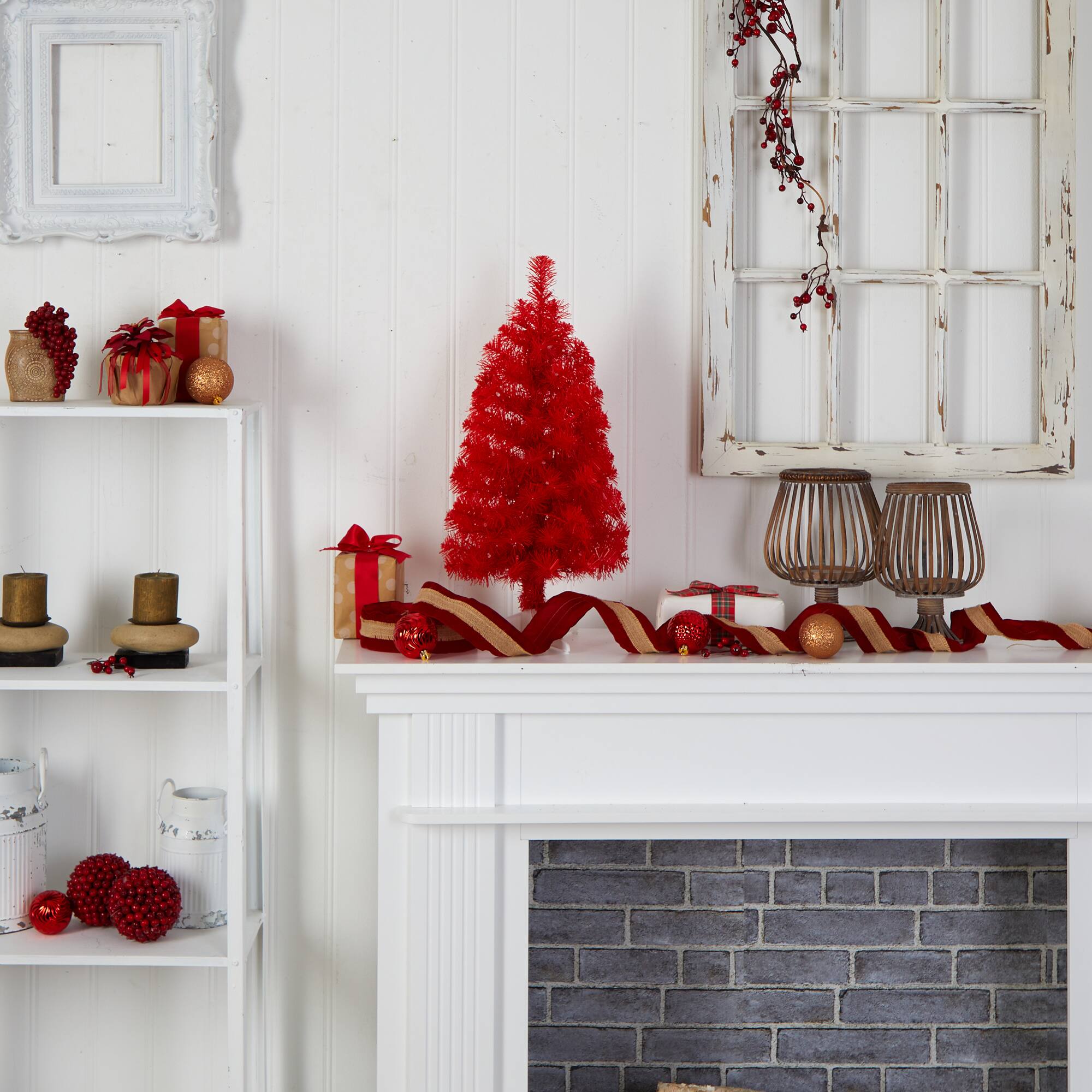 2ft. Pre-Lit Red Artificial Christmas Tree, Warm White LED Lights