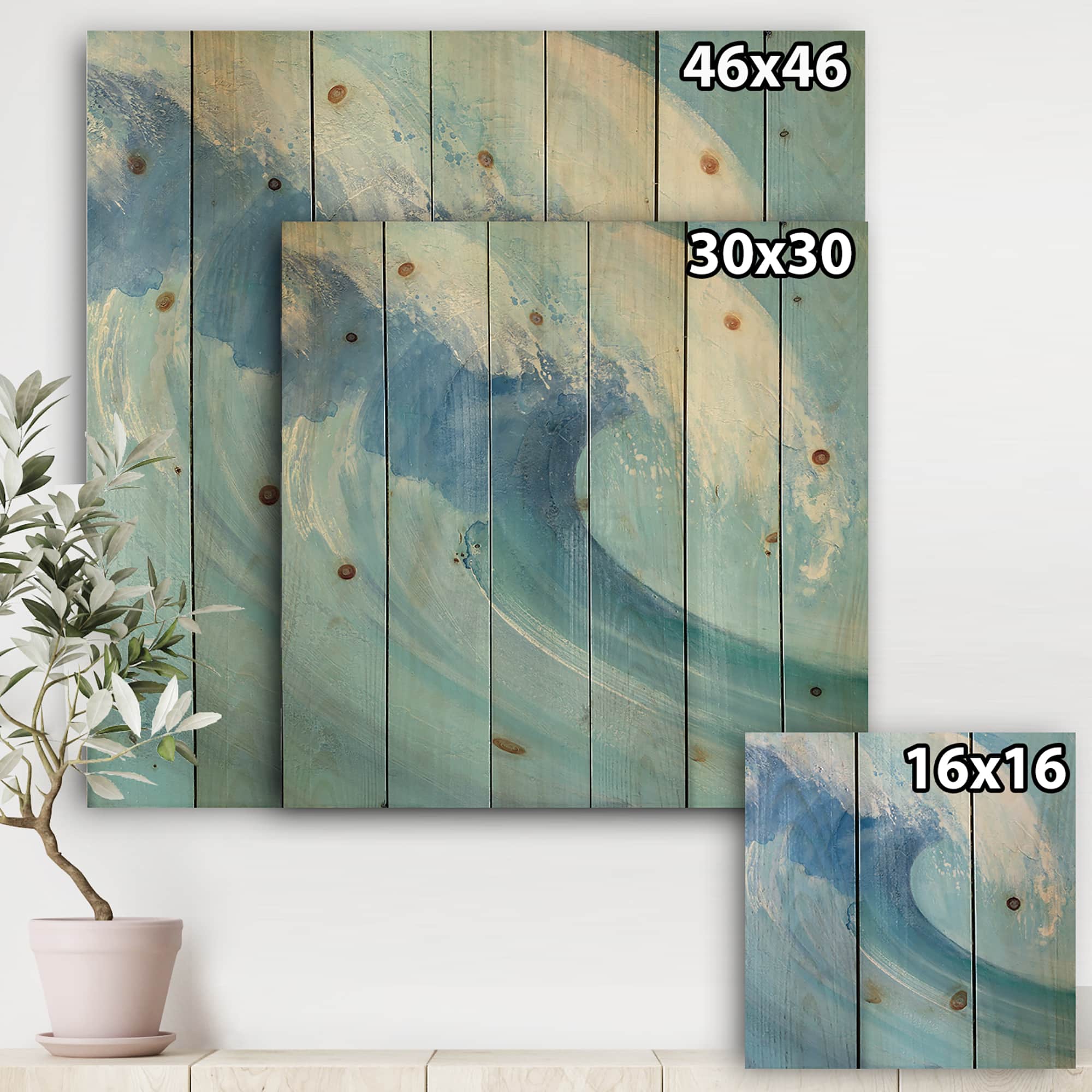 Designart - Ocean Wave Handpainted with White Foam - Nautical &#x26; Coastal Print on Natural Pine Wood