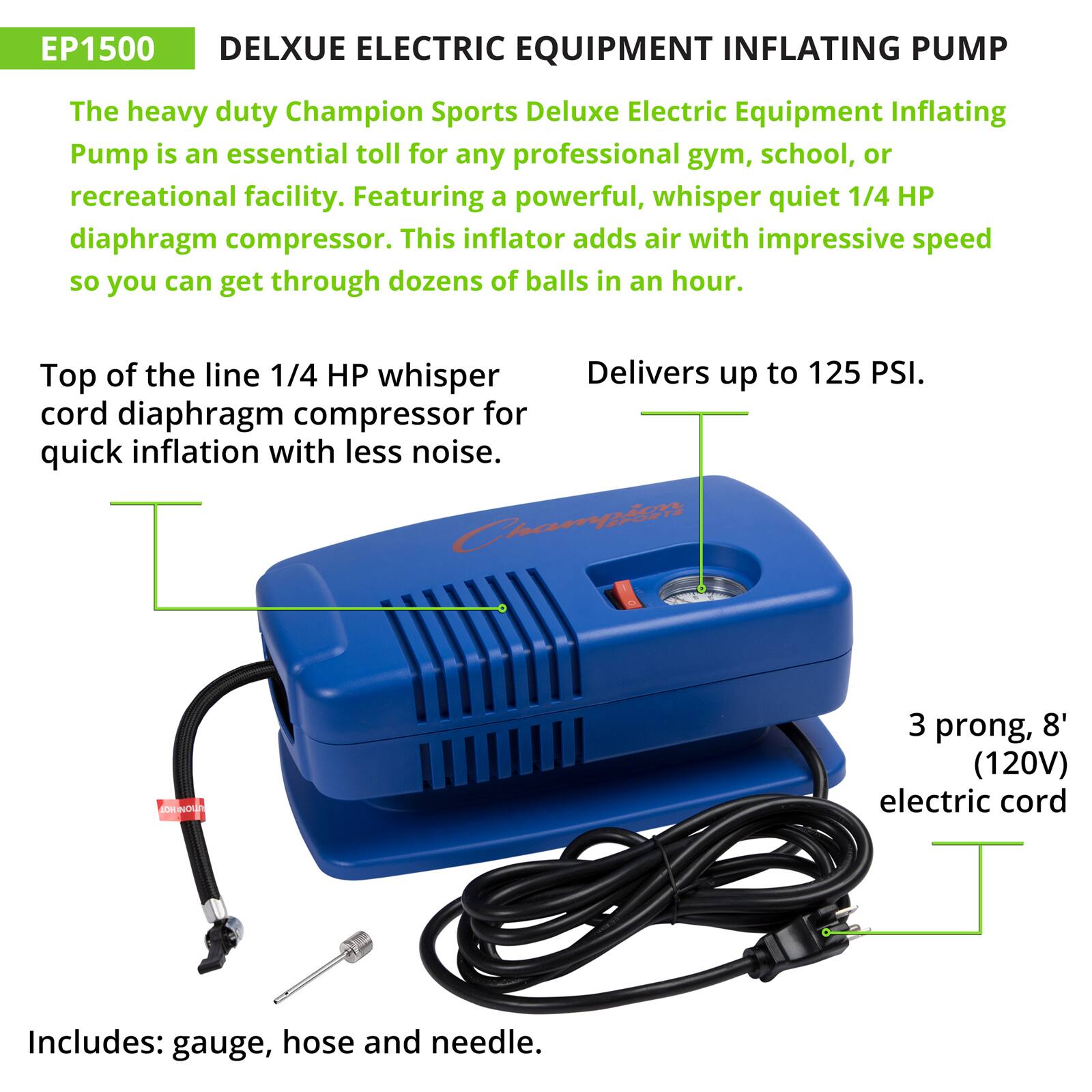 Champion Sports Cobalt Blue Deluxe Electric Inflating Pump