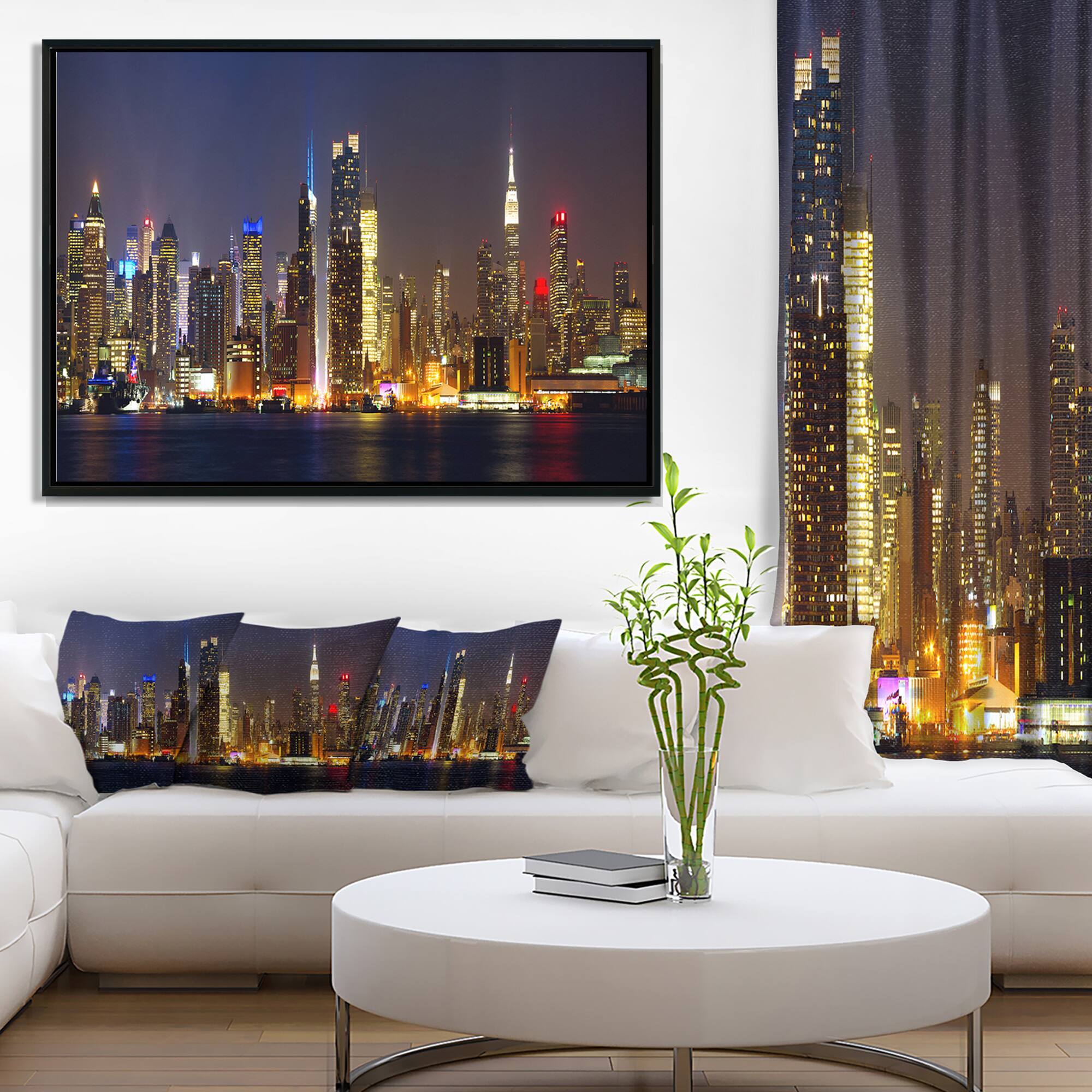 Designart - New York Skyline at Night - Cityscape Photo Framed Canvas Print