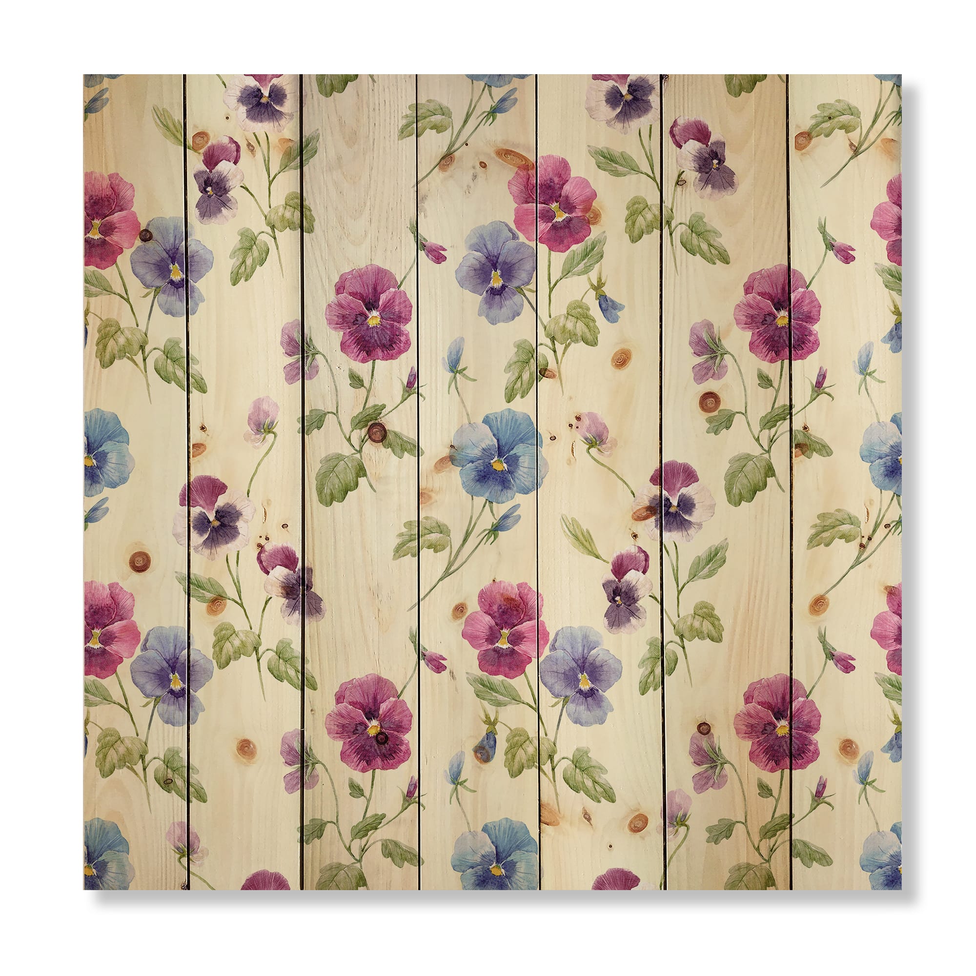 Designart - Pink and Blue Pansy Flowers I - Traditional Print on Natural Pine Wood