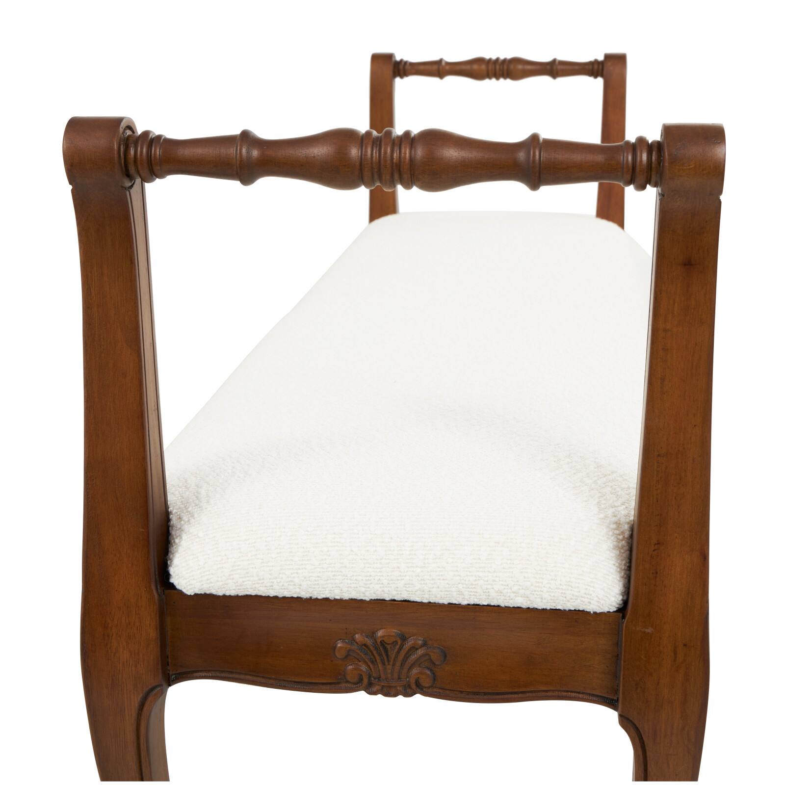 55&#x22; Cream Fabric Arm Bench with Brown Traditional Wood Turned Legs