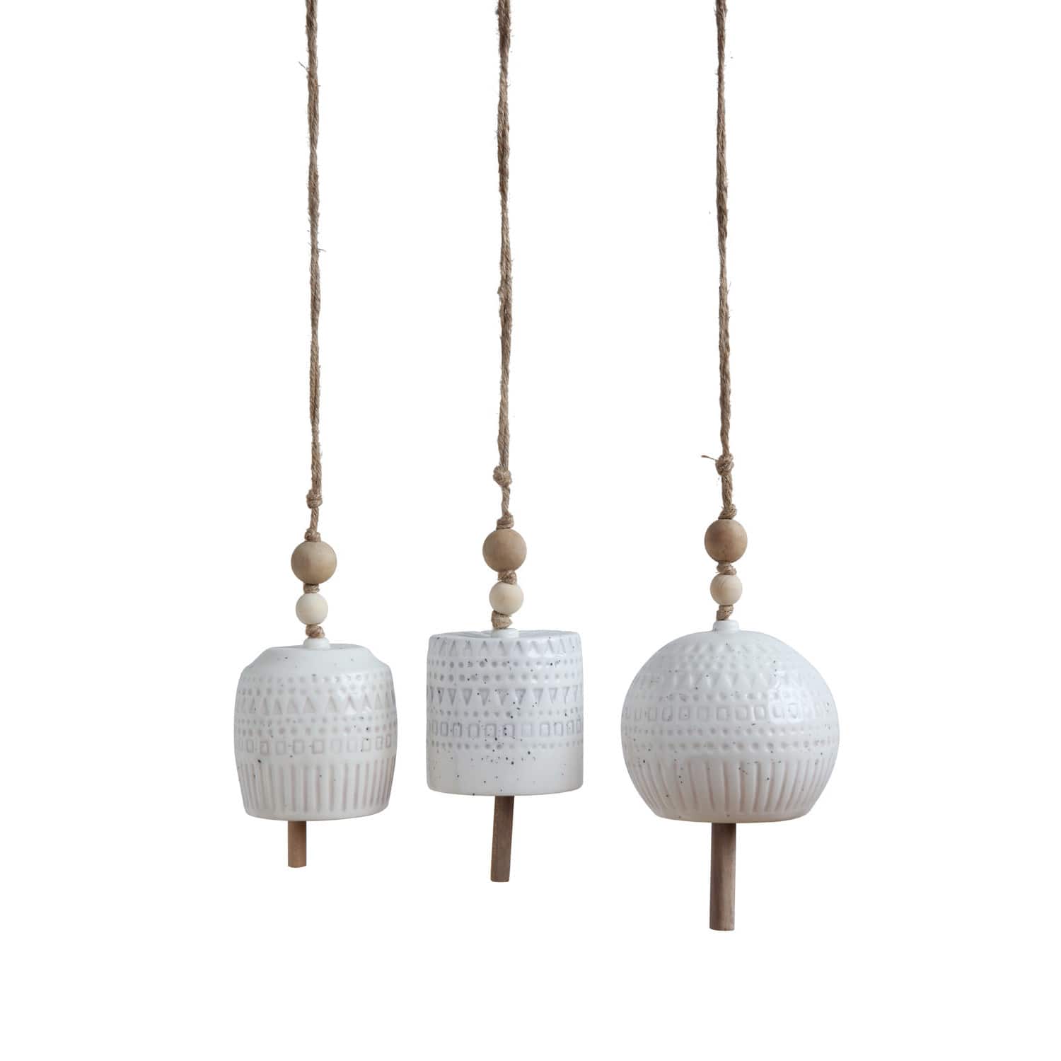 Hello Honey® White Stoneware Bells with Wood Beads Set