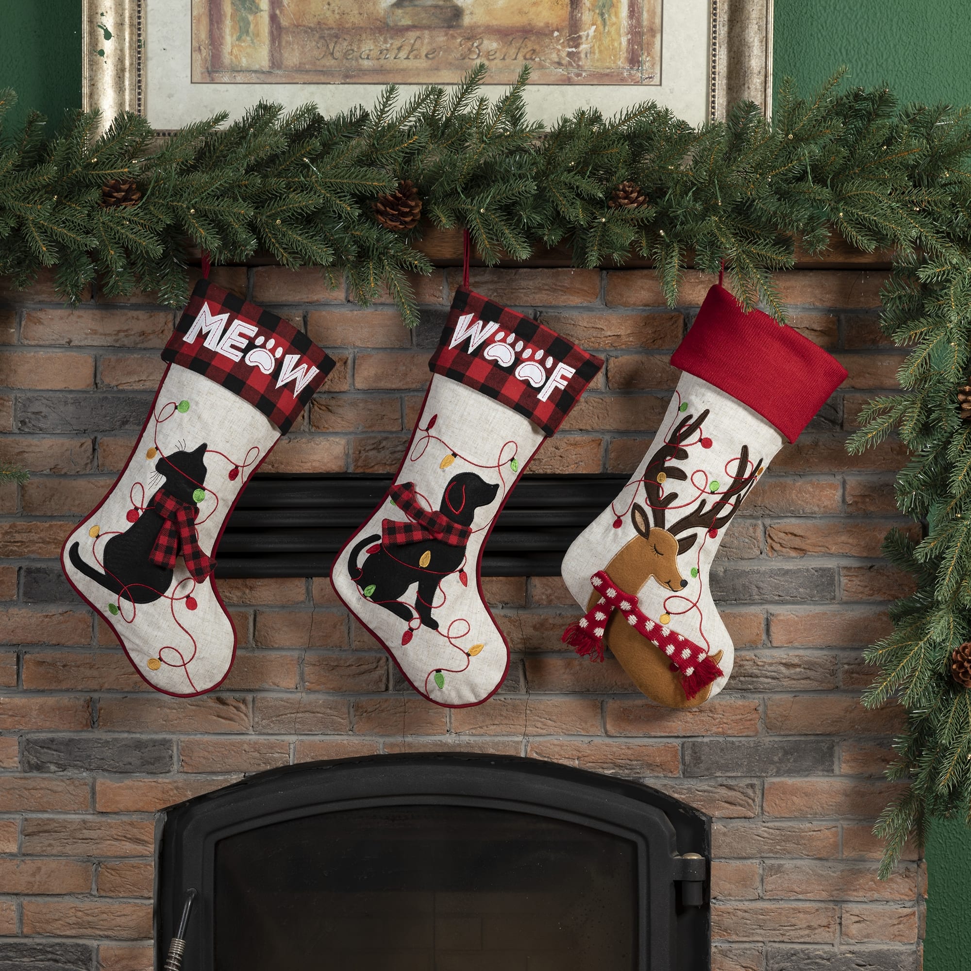 Glitzhome&#xAE; 21&#x22; LED Embroidered Reindeer Linen Christmas Stocking