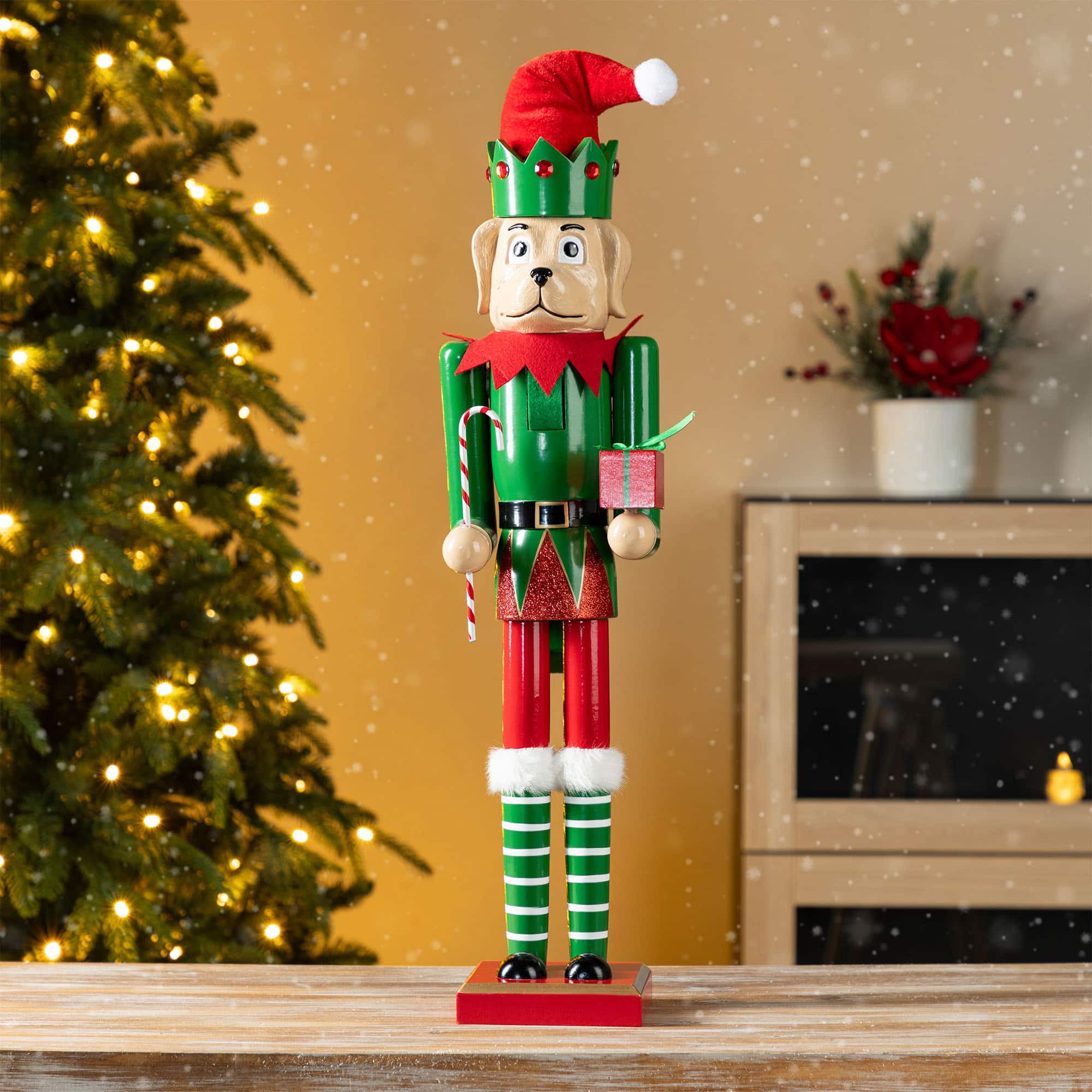 Glitzhome&#xAE; 23.5&#x22;H Wooden Christmas Elf Dog Nutcracker