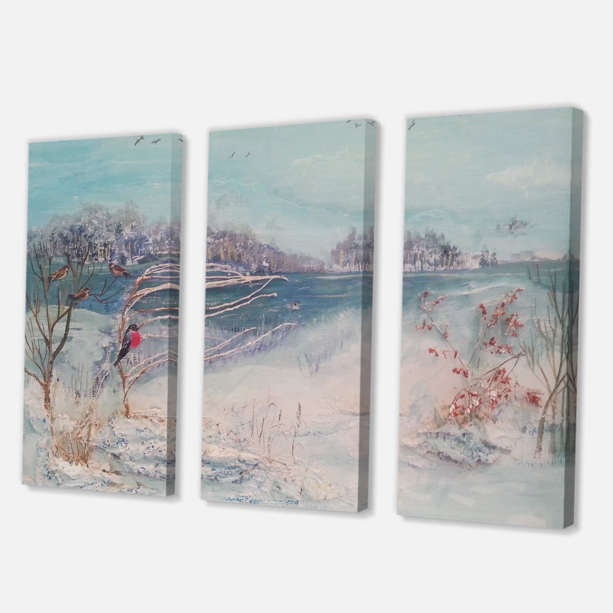 Designart - Winter Trees River and Birds - Lake House Canvas Wall Art Print