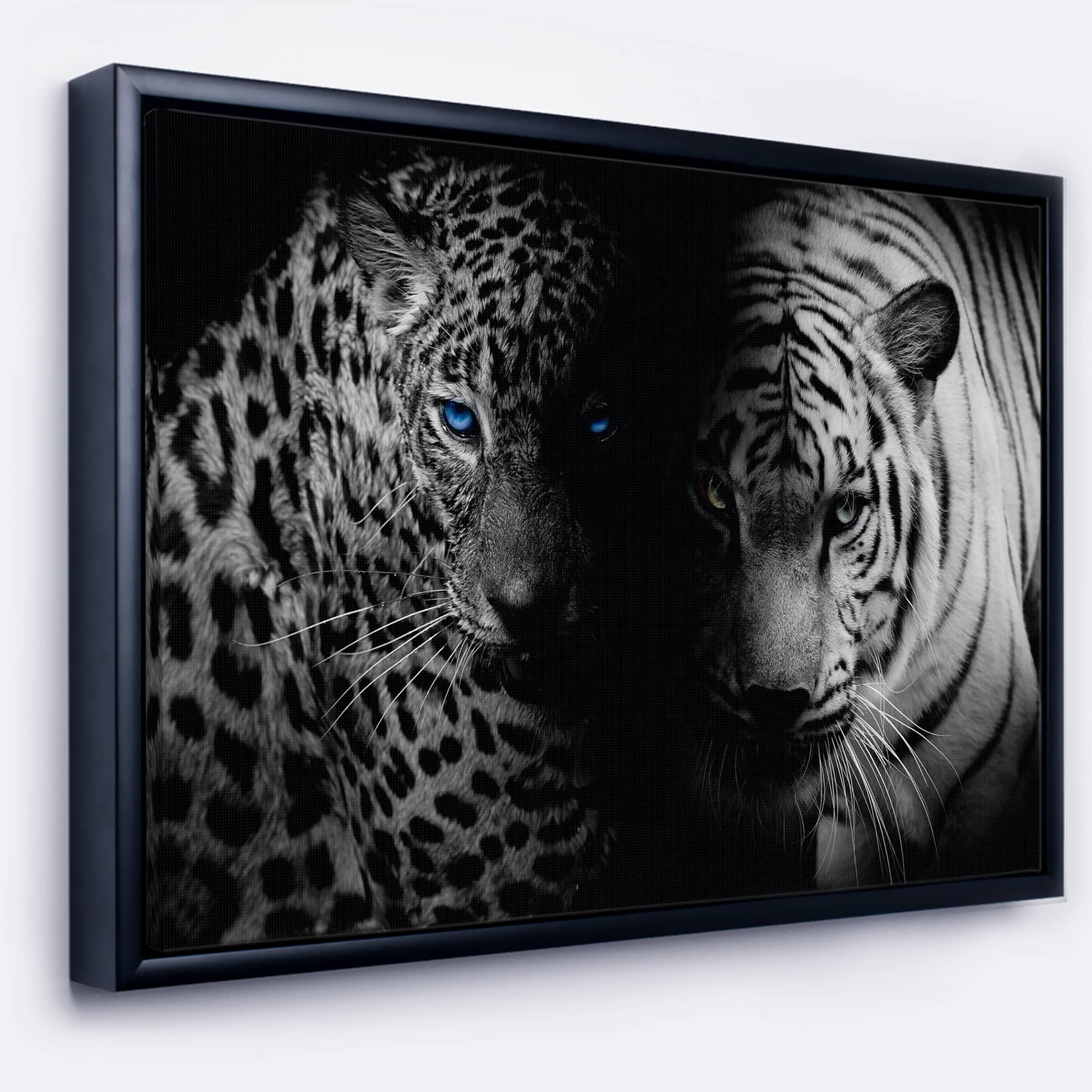 Designart - Leopard and Tiger in Black - Animal Framed Canvas Art Print