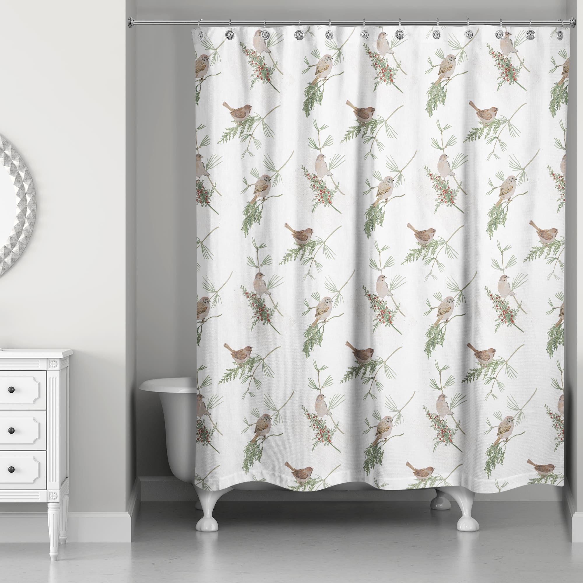 Pine &#x26; Birds on White Shower Curtain