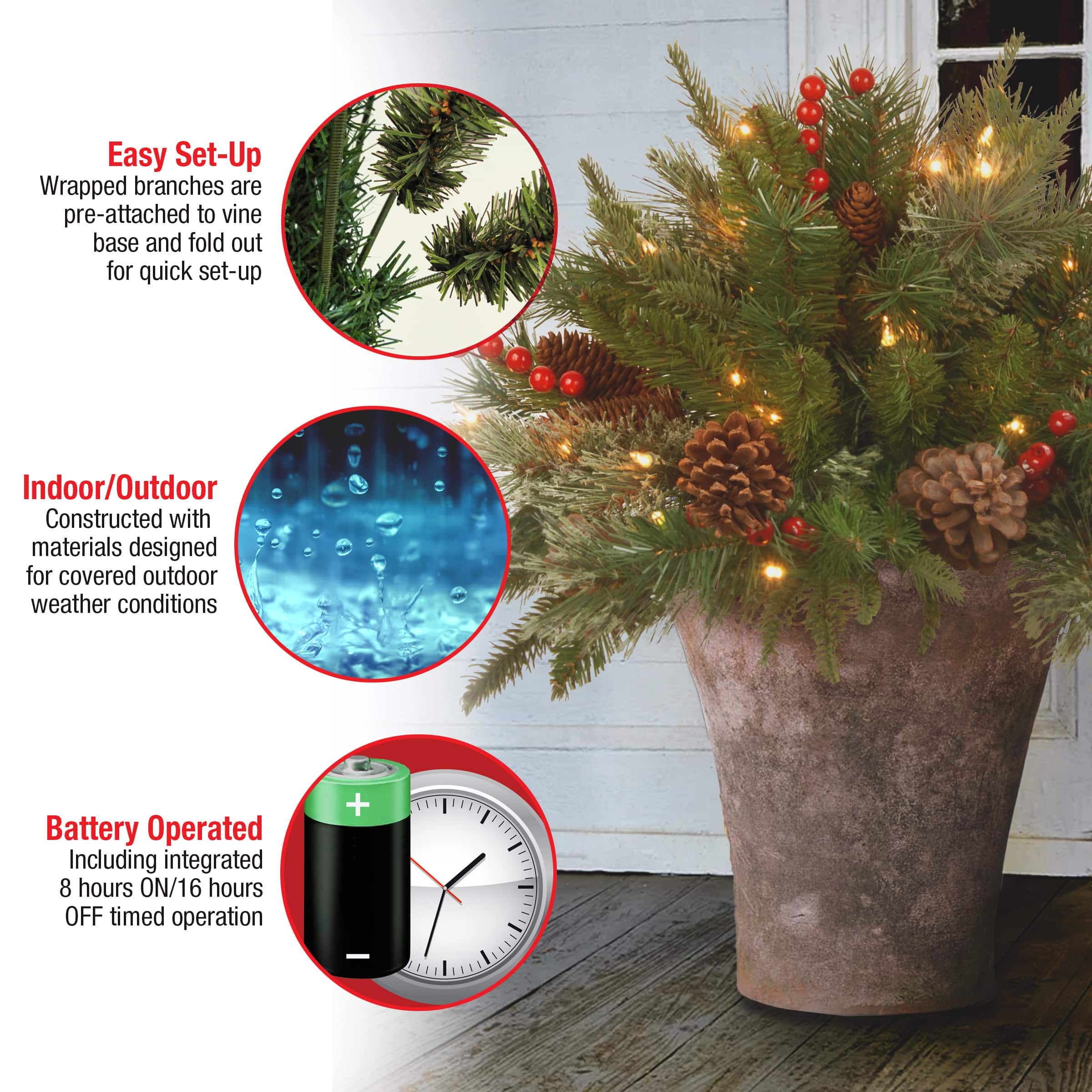 18&#x22; Pre-lit Feel Real&#xAE; Colonial Artificial Christmas Urn Filler with Cones, Red Berries &#x26; Tripod Stake &#x26; Warm White LED Lights