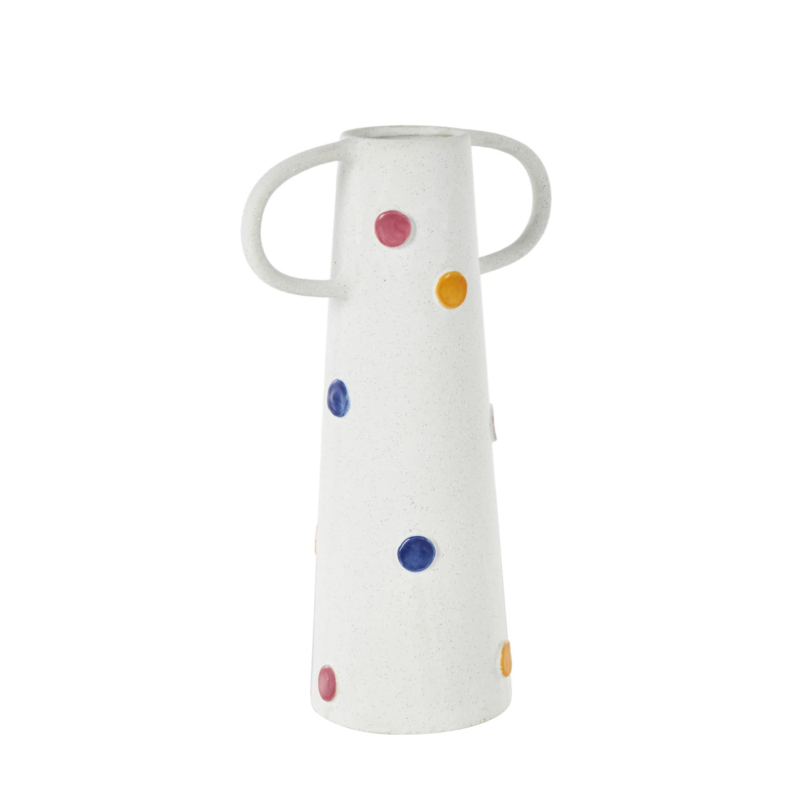 16" White & Multicolor Spots Slim Cone Ceramic Decorative Vase with Handles