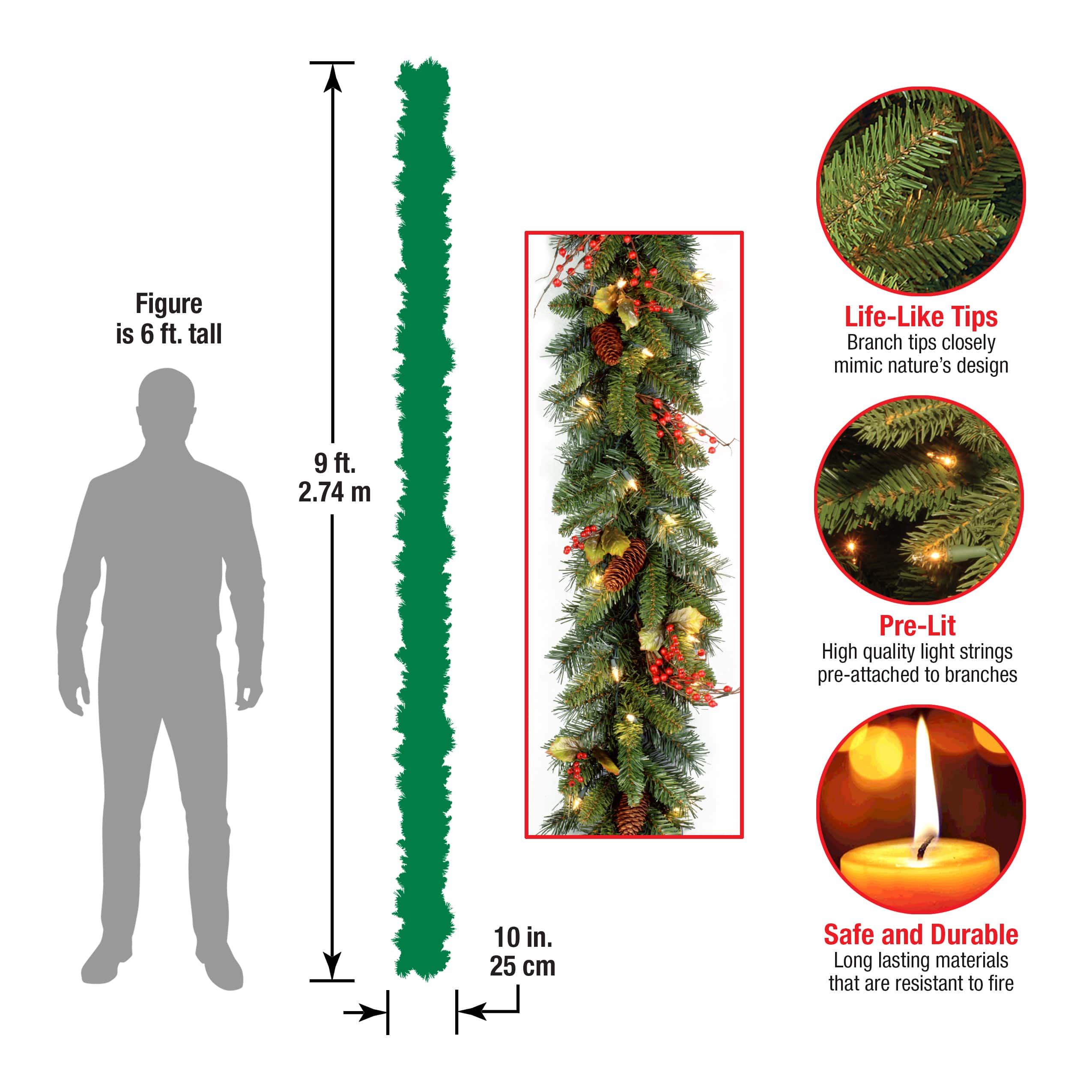 9' x 10" Pre-lit Classical Collection Artificial Christmas Garland with Red Berries, Cones, Holly Leaves and 50 Clear Lights