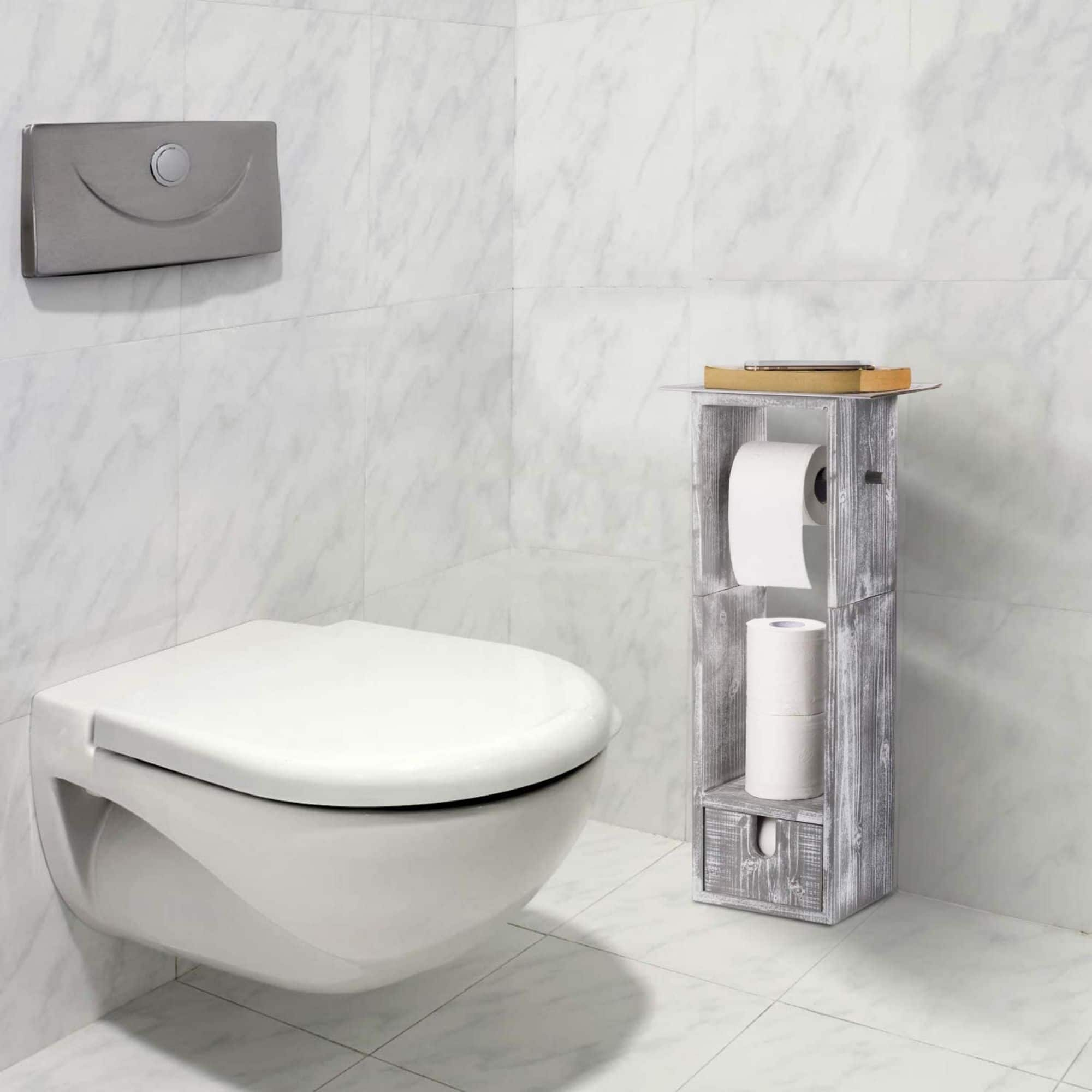 Rustic White Toilet Paper Dispenser with Storage &#x26; Drawer