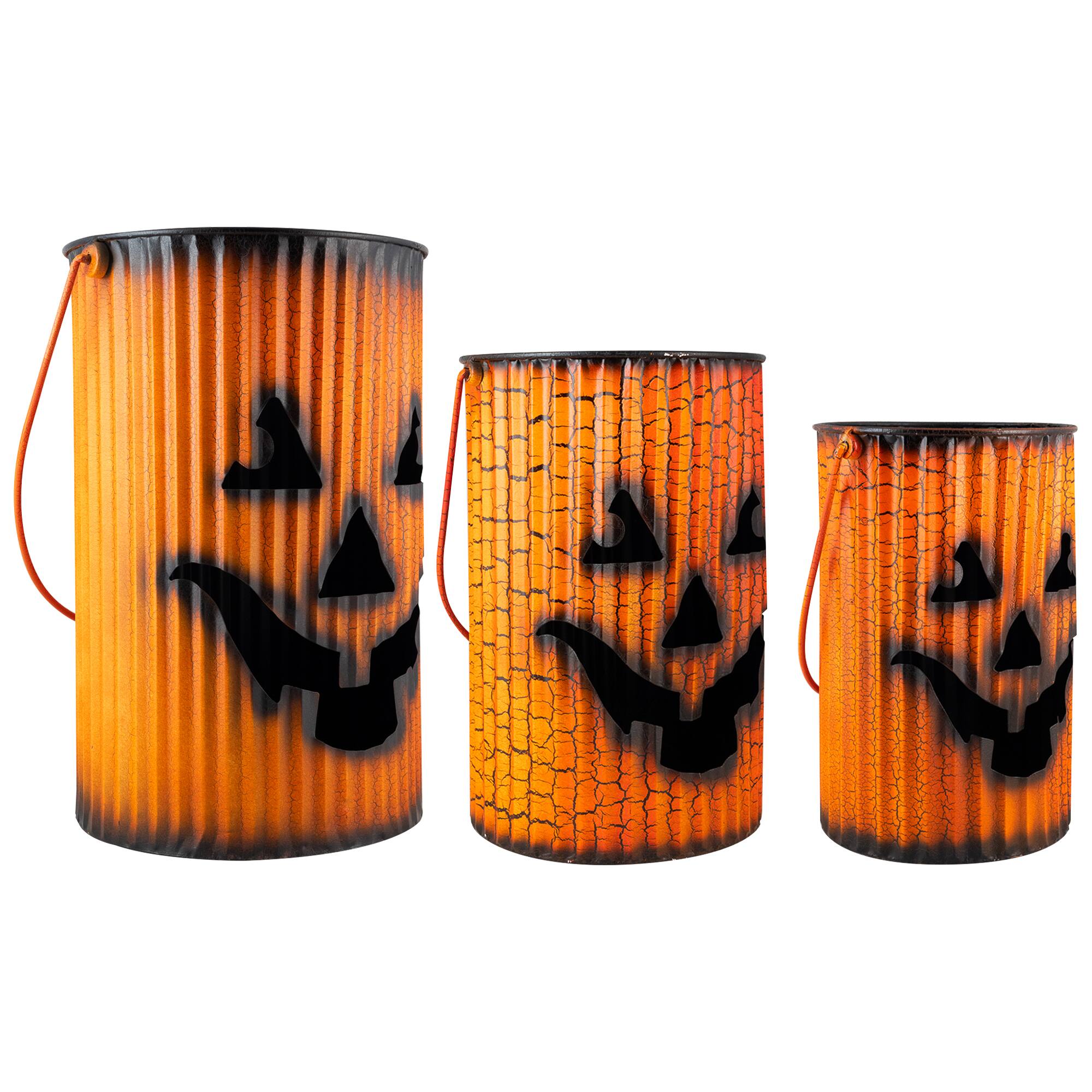 3 Piece Black & Orange Metal Pumpkin Lantern Halloween Decoration Set